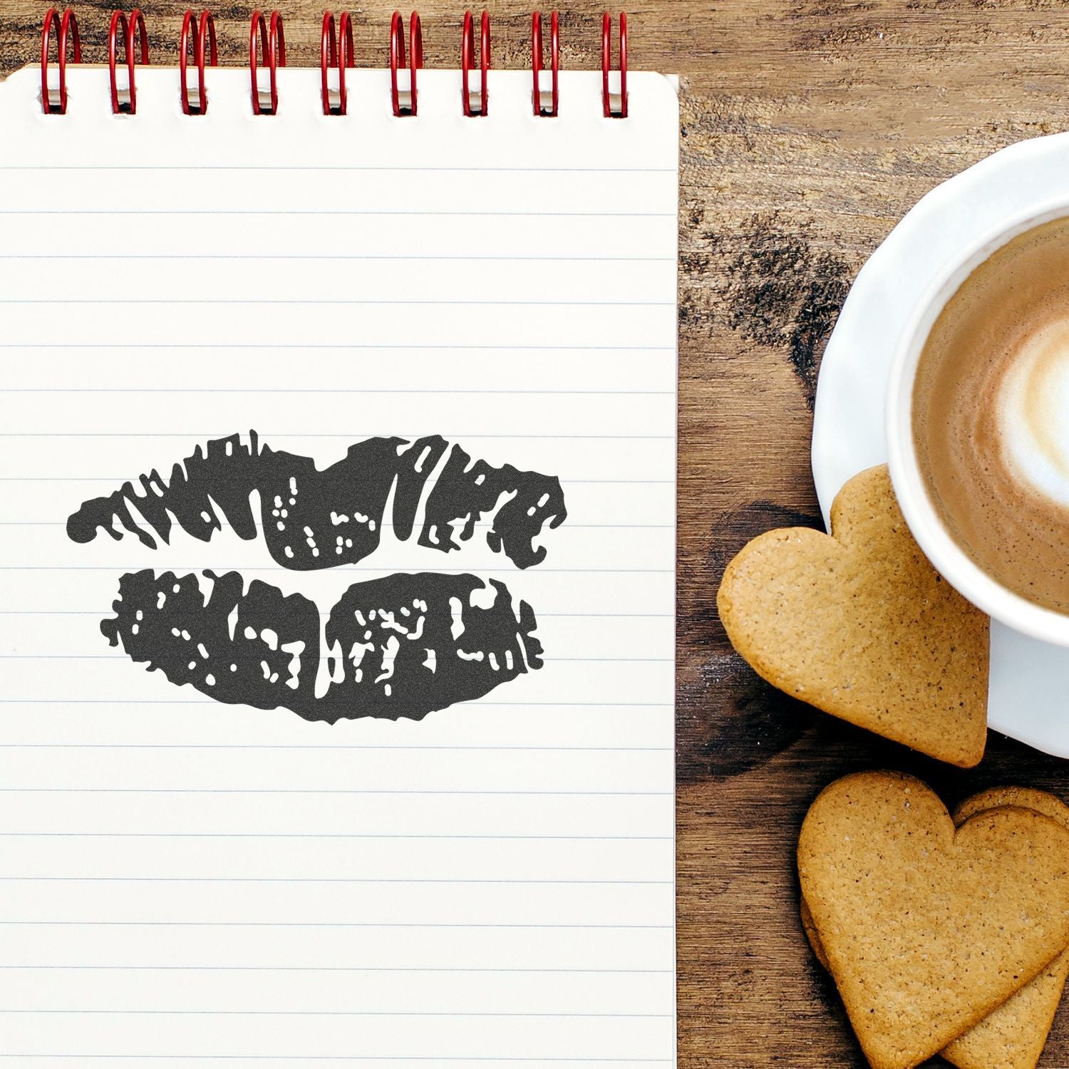 Notebook with lipstick kiss graphic, coffee cup, and heart-shaped cookies on rustic wooden table