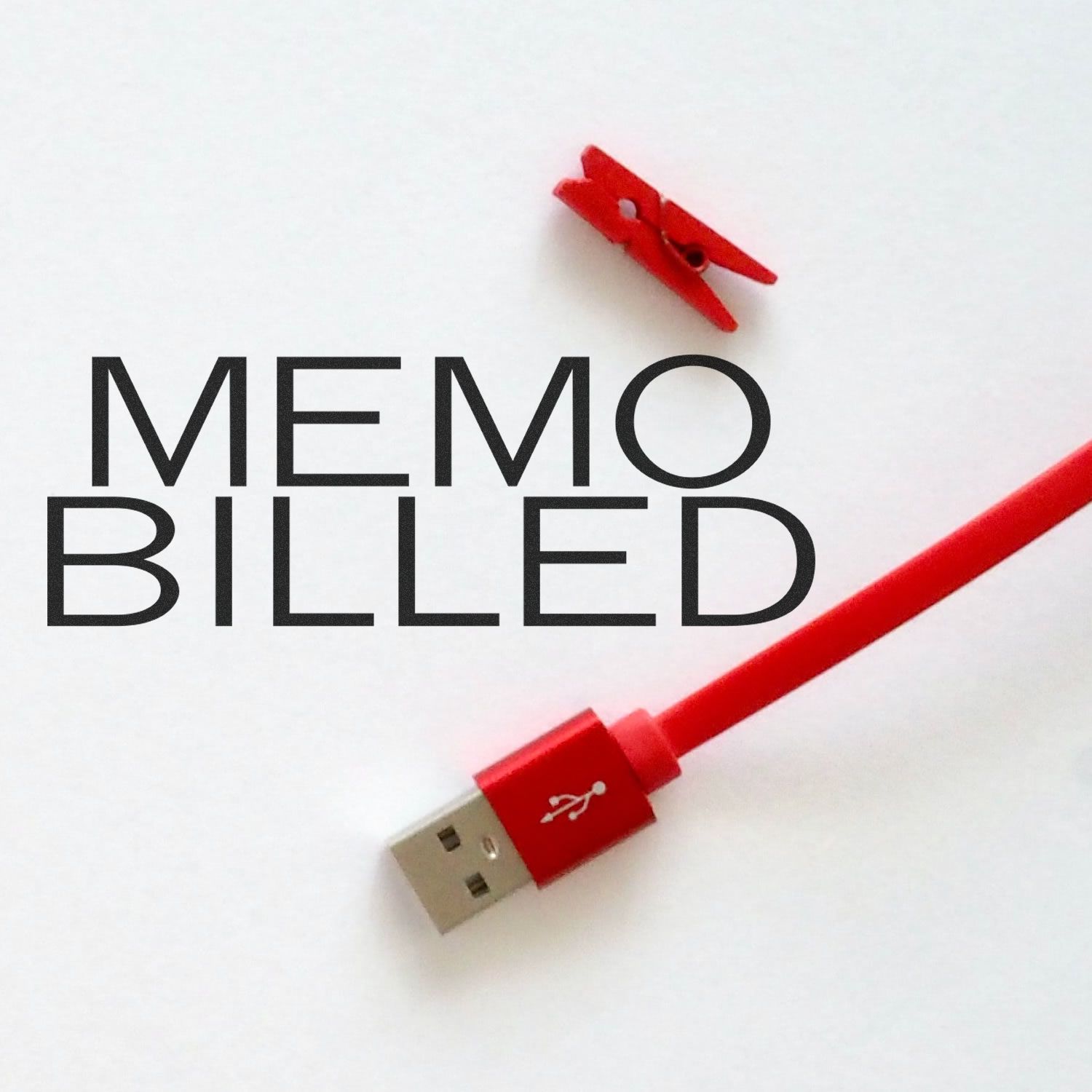 Red USB cable beside MEMO BILLED text, promoting mobile billing or billing reminders via device connection