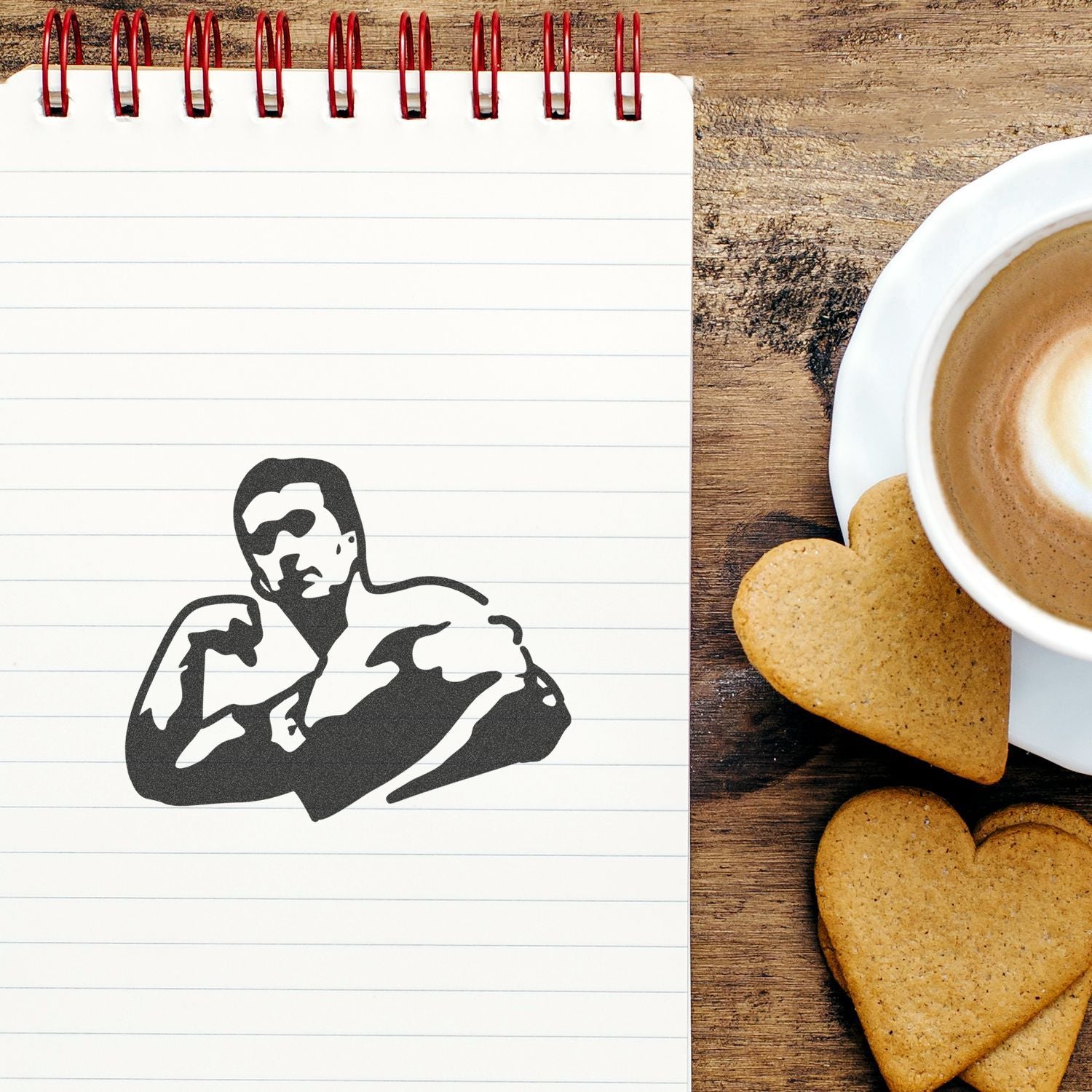 Spiral notebook with black logo beside coffee cup and heart-shaped cookies on a rustic wooden table.