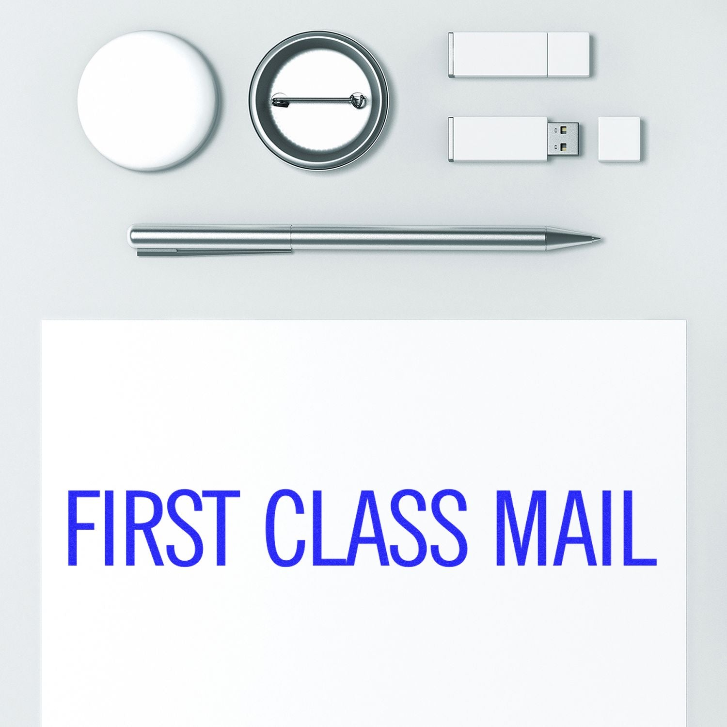 First class mail illustration with magnifying glass, pen, USB drive, and paper clip for delivery marketing on a neutral background.