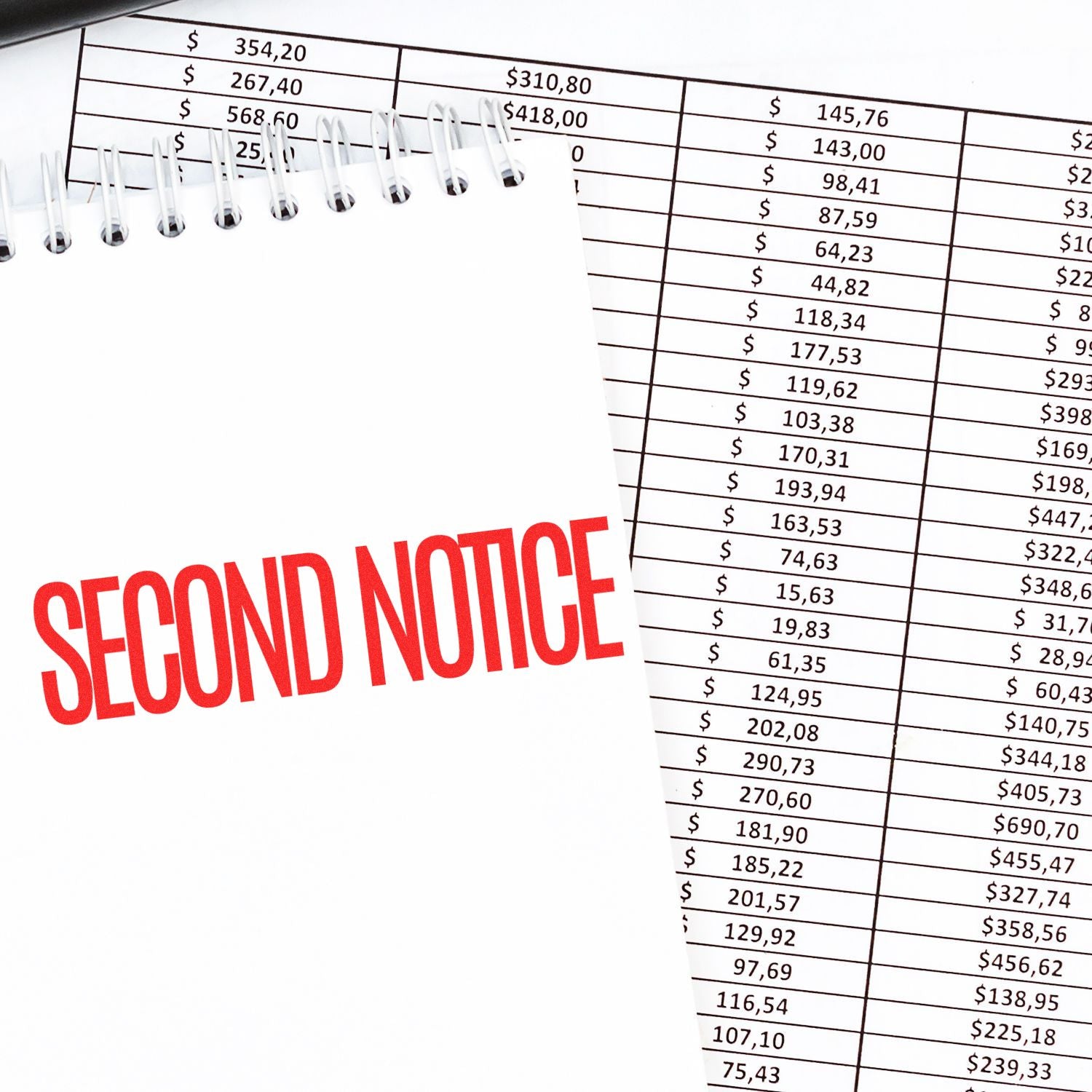 Second notice on accounting spreadsheet with dollar amounts, highlighting overdue payment notice and debt collection alert.