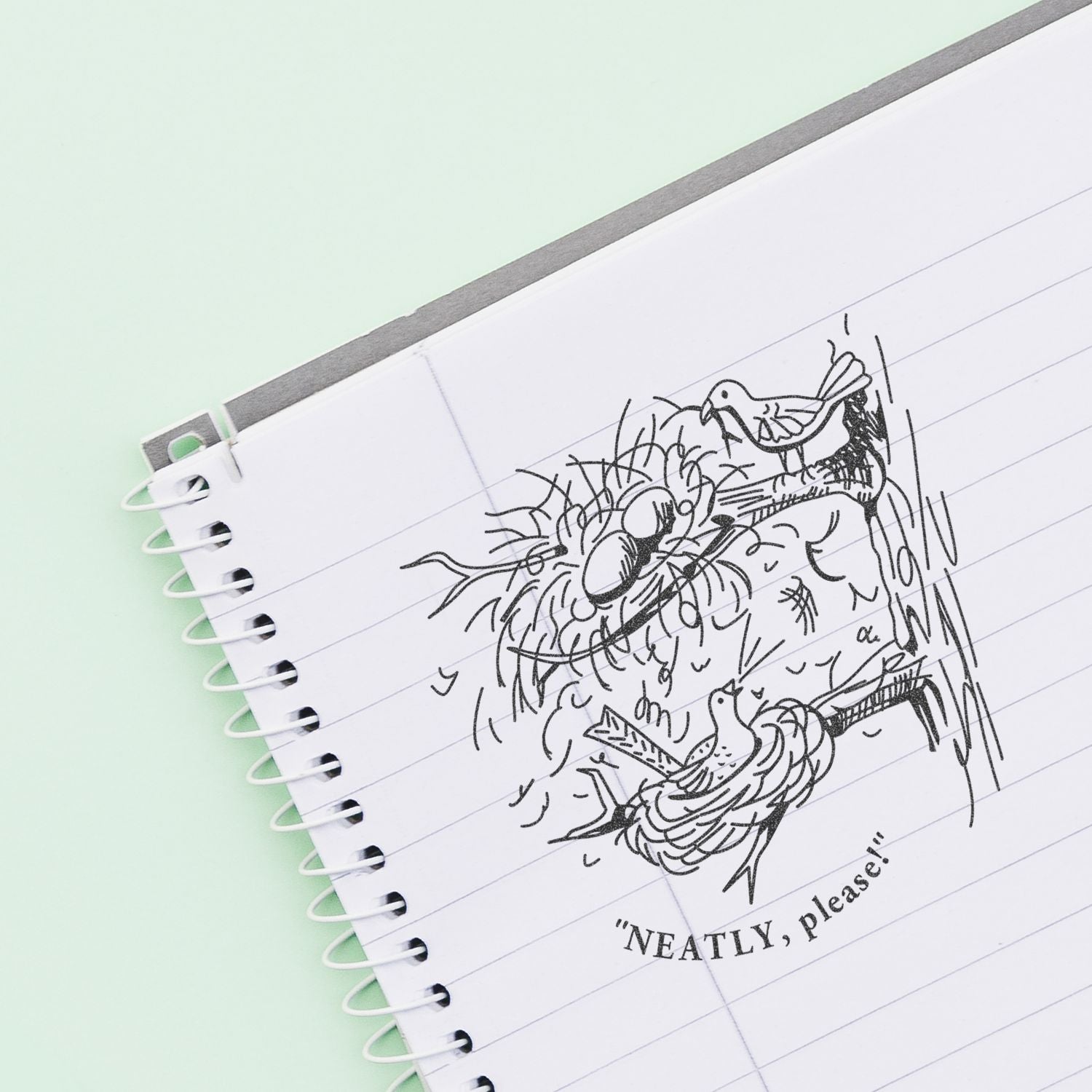 Spiral notebook with whimsical bird doodle and Neatly, please! quote on a pastel mint background.