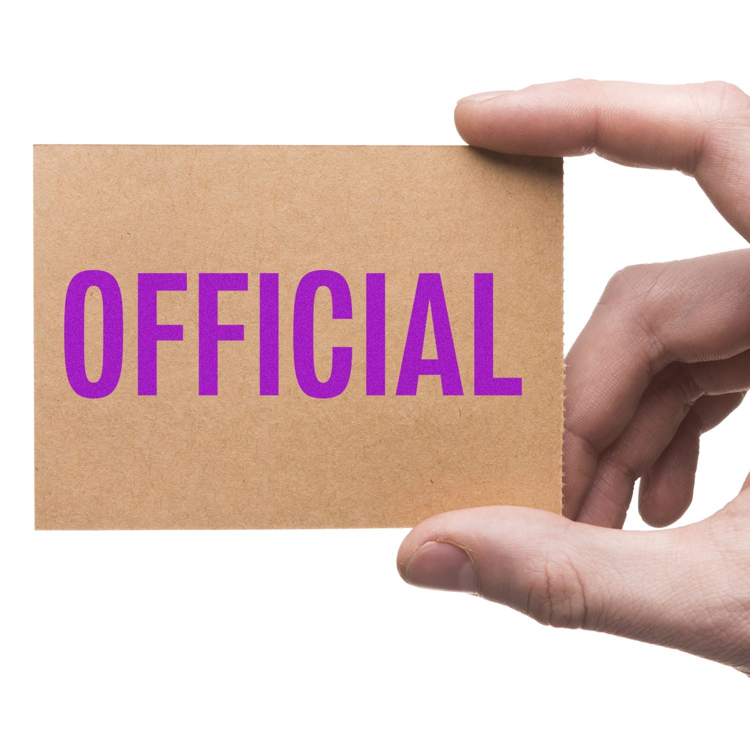 Hand holding kraft paper card with bold purple OFFICIAL text, indicating an authorized official document or status.