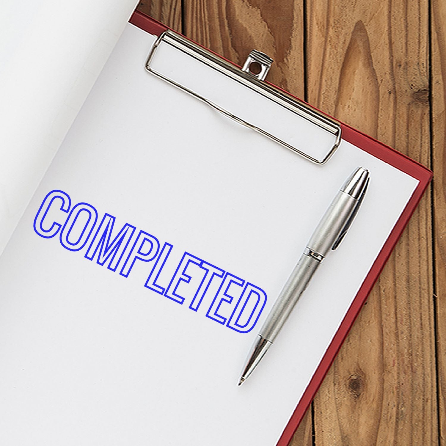 Clipboard with COMPLETE notepad and pen for task completion and productivity planning, office reminders and goal tracking for daily organization at home or workplace.