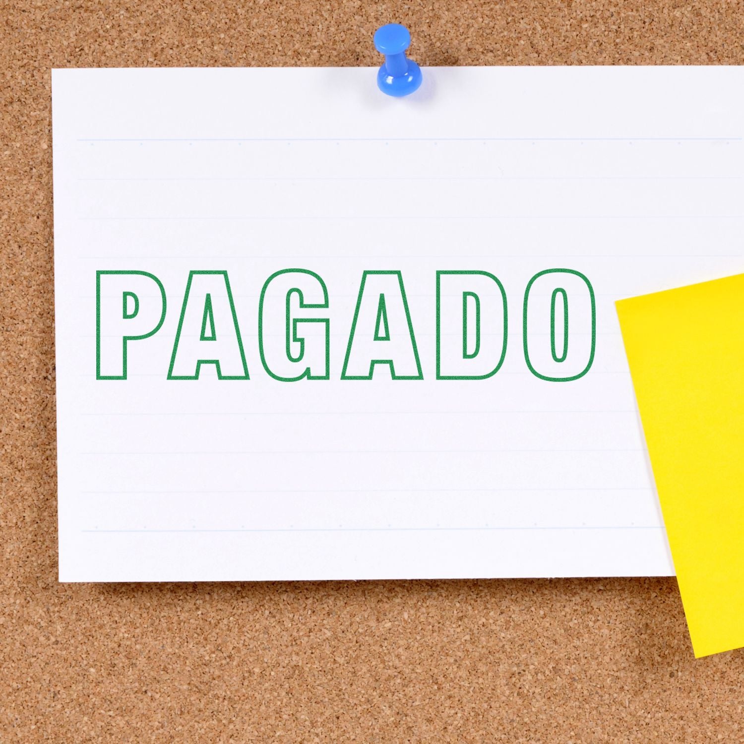 Pinned note on corkboard reading PAGADO in green, showing a paid payment status in Spanish