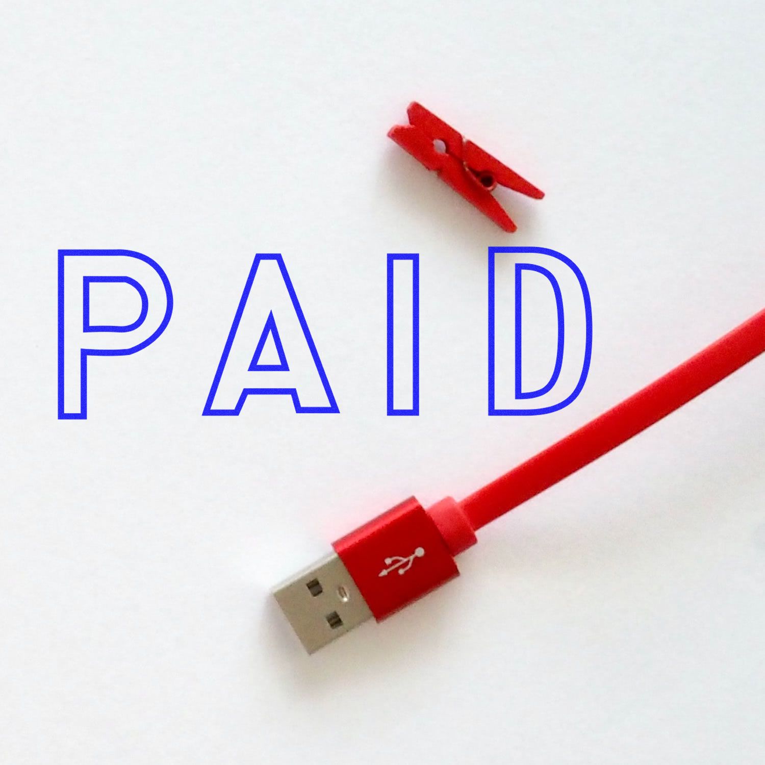 Red USB charging cable with PAID text, indicating payment confirmation and quick data transfer for devices.