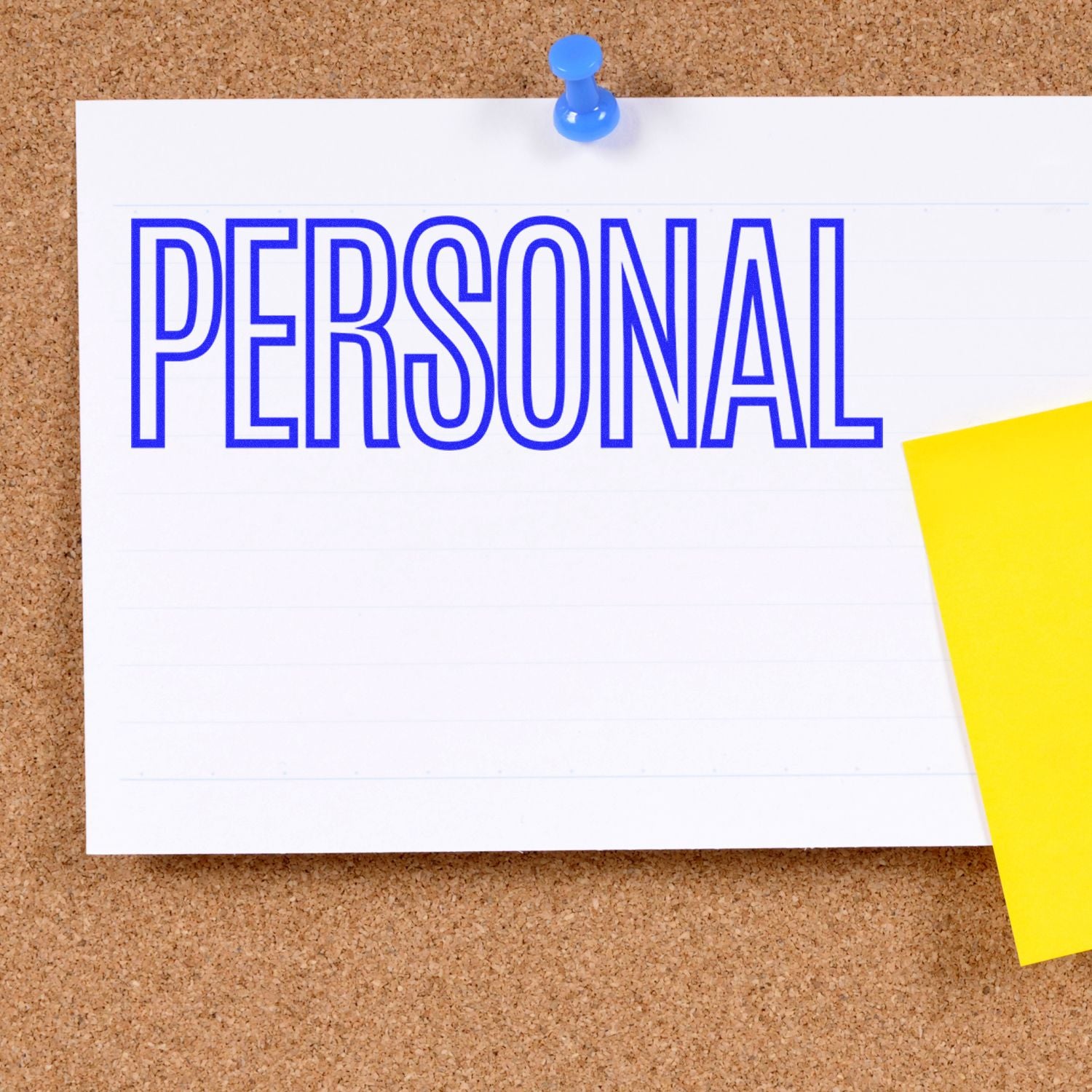 Pinned note on corkboard reading PERSONAL, highlighting personal organization, privacy, and reminder message.
