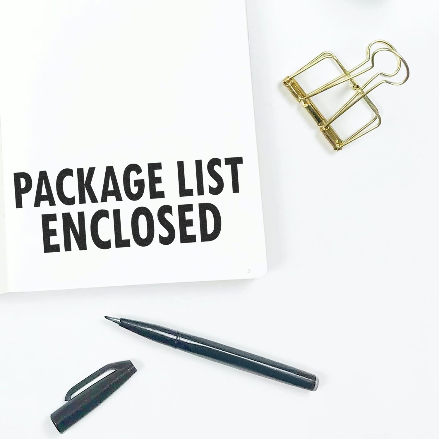 Package list enclosed document with pen and binder clip on a white background.