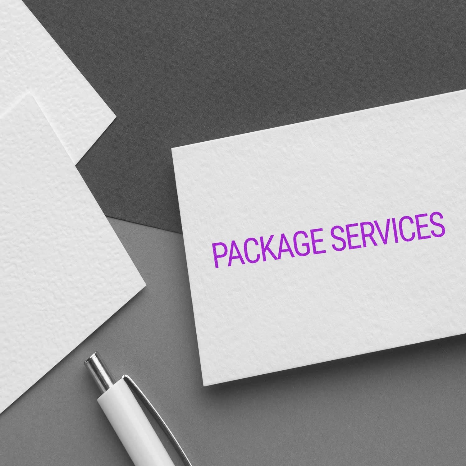 Package services promotional brochure with purple PACKAGE SERVICES text on grey stationery, highlighting shipping and delivery offers.