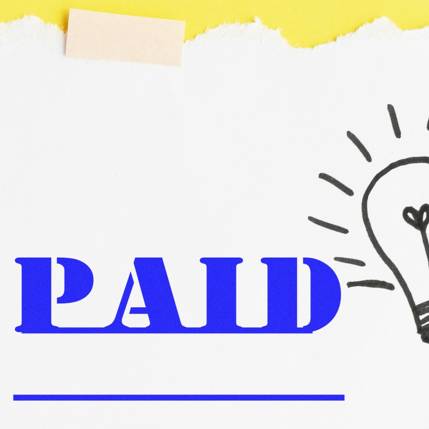Blue PAID stamp on white paper with a lightbulb doodle and yellow torn edge background