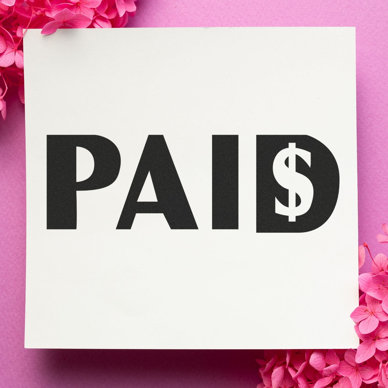 PAID money approval card with dollar sign on pink floral background, indicating payment status for invoices, bills, receipt template