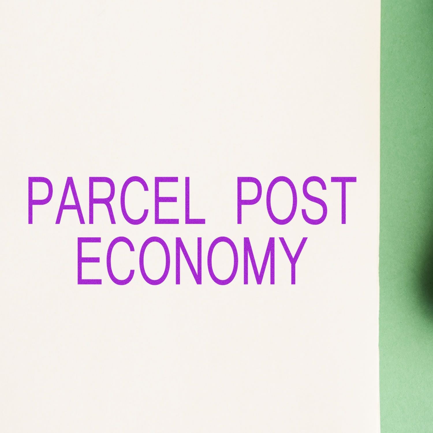 Parcel post economy printed on white paper with purple text and green edge background