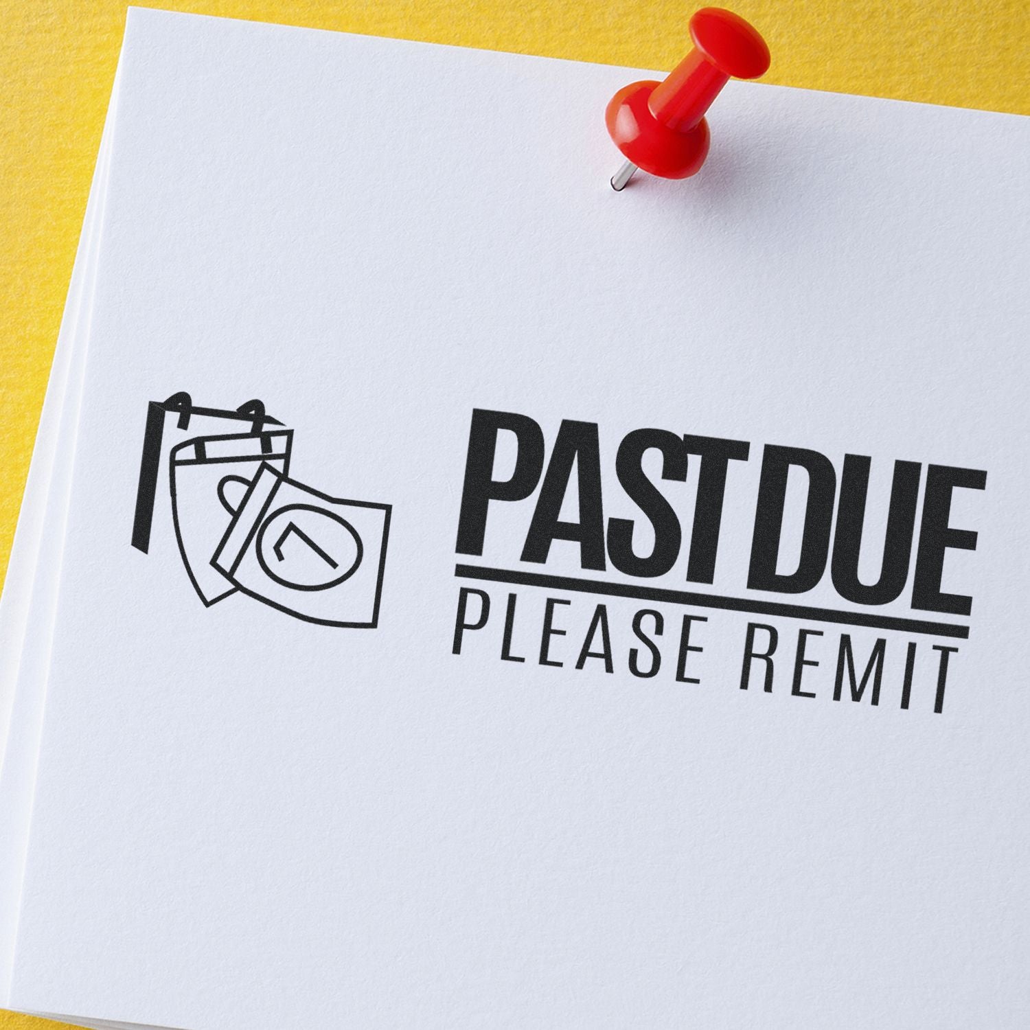 Past due payment notice PLEASE REMIT pinned on white paper with red pushpinoverdue invoice collections billing reminder for accounts receivable.