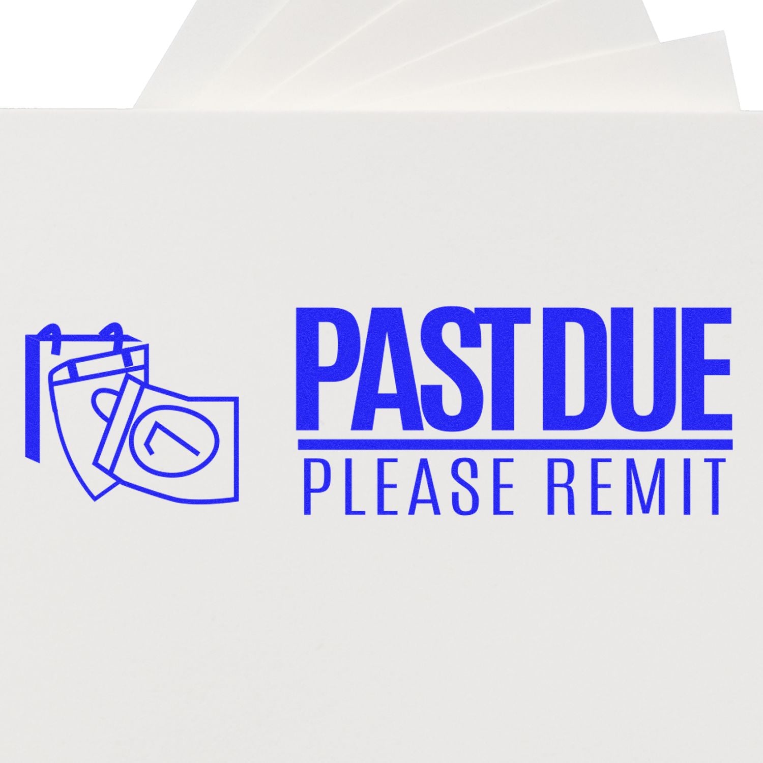 White paper bag with blue Past Due Please Remit payment reminder text and icon graphic.