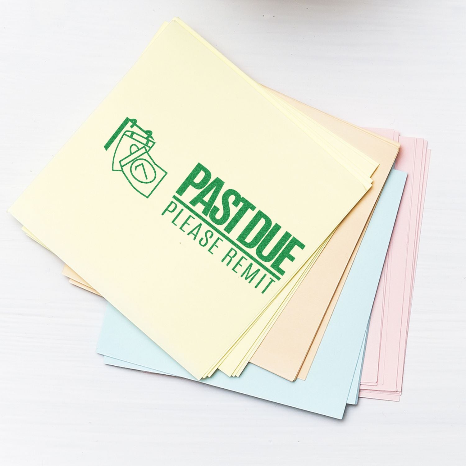 Overdue invoice reminder on pastel envelopes saying Past Due Please Remit for billing collections and payment follow-up.