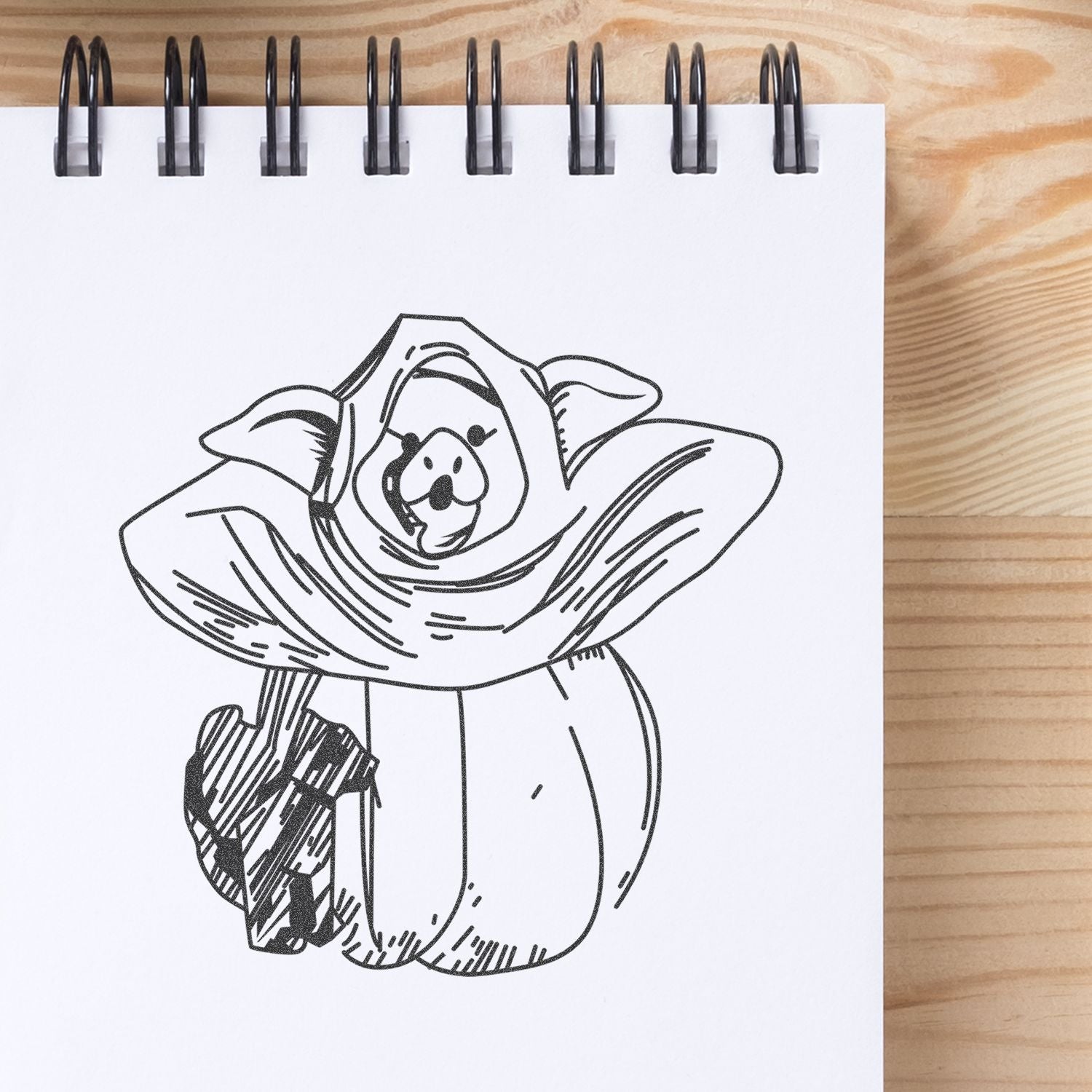Hand-drawn dog flower illustration in a spiral sketchbook on a wooden desk.