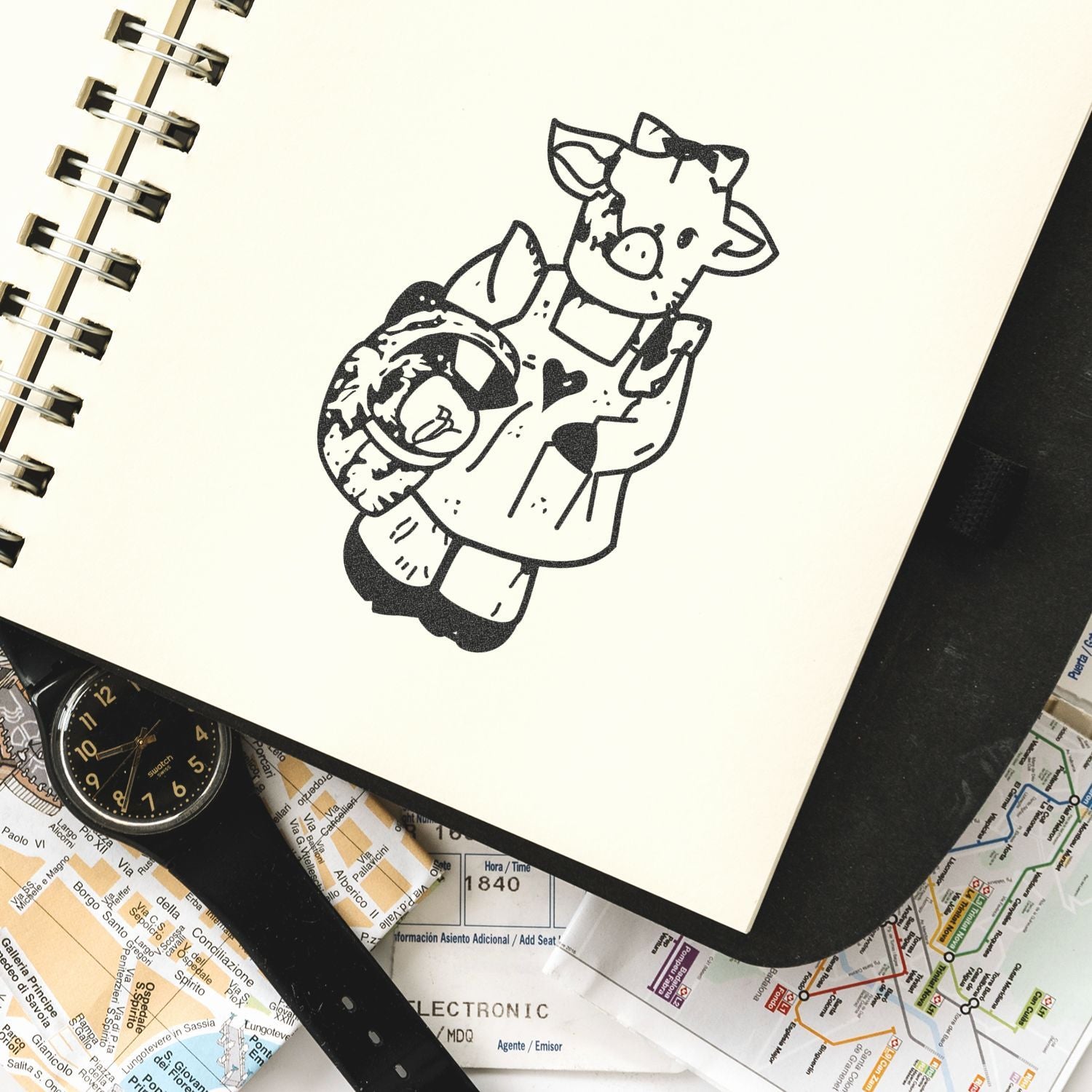Spiral sketchbook with cute black-and-white animal doodle, wristwatch, and travel maps on a desk.