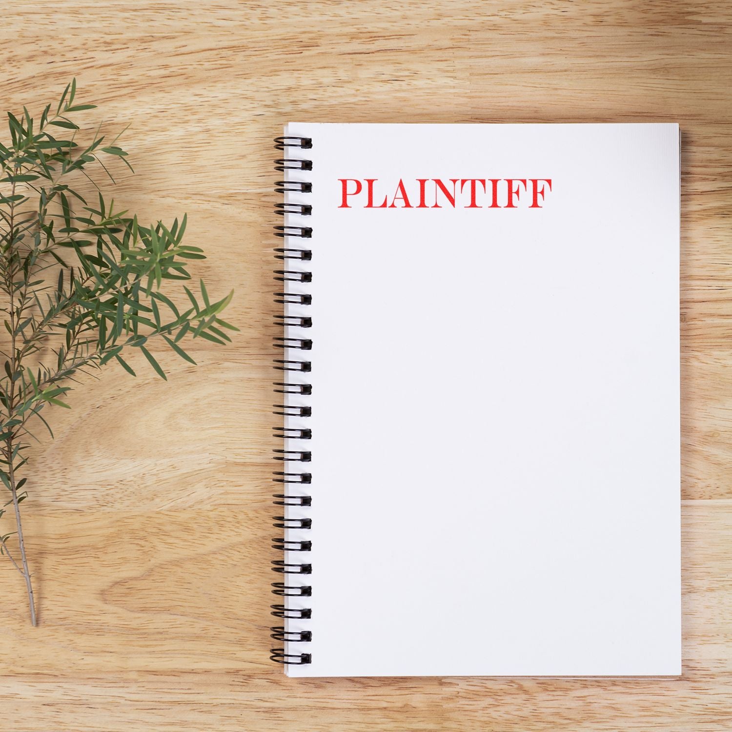 Plaintiff legal notebook on wooden desk with bamboo plantblank spiral journal for case notes, legal research, and court filings.
