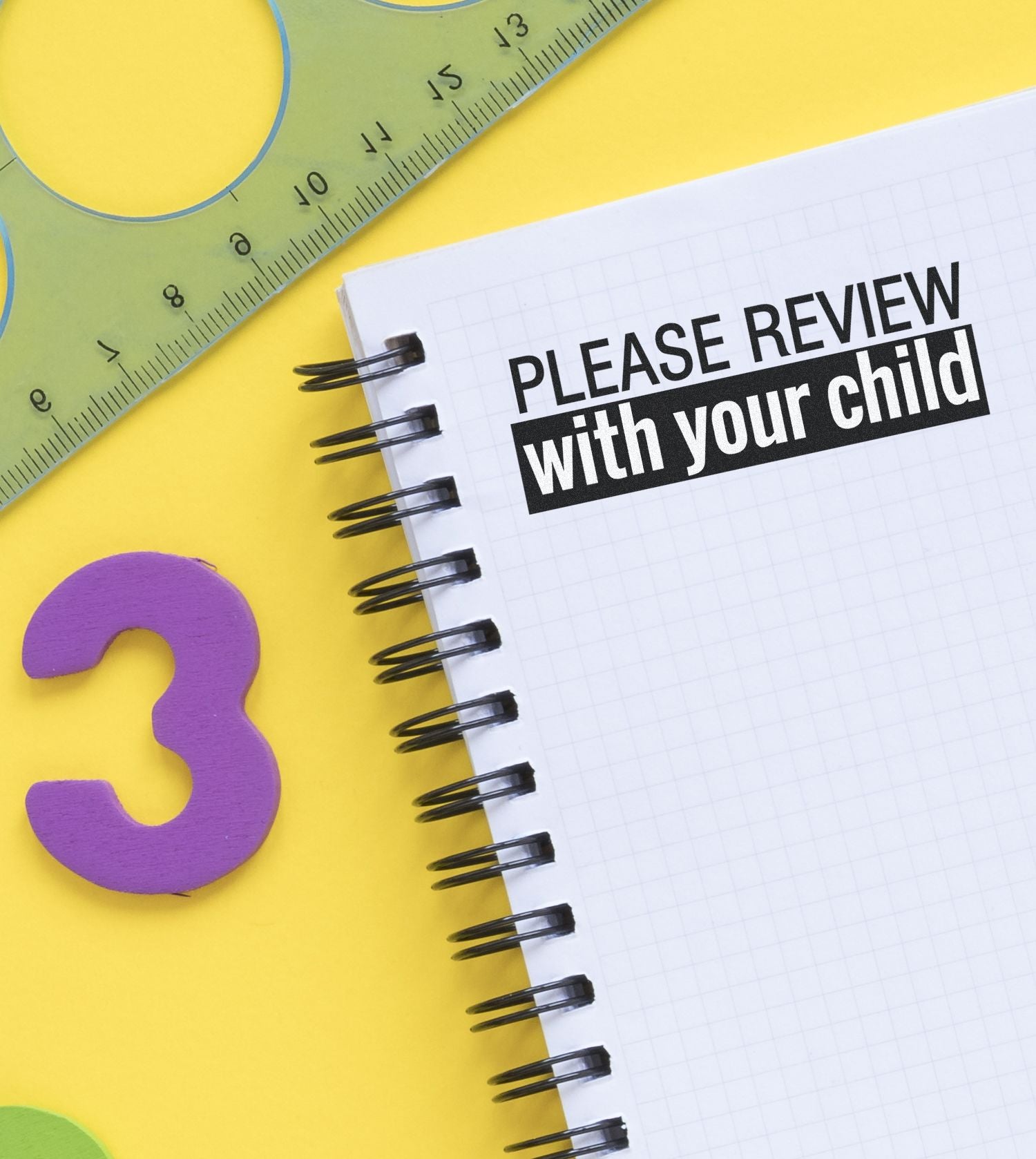 Notebook with Please review with your child text, ruler, and number 3 on yellow background, school homework and parent review concept