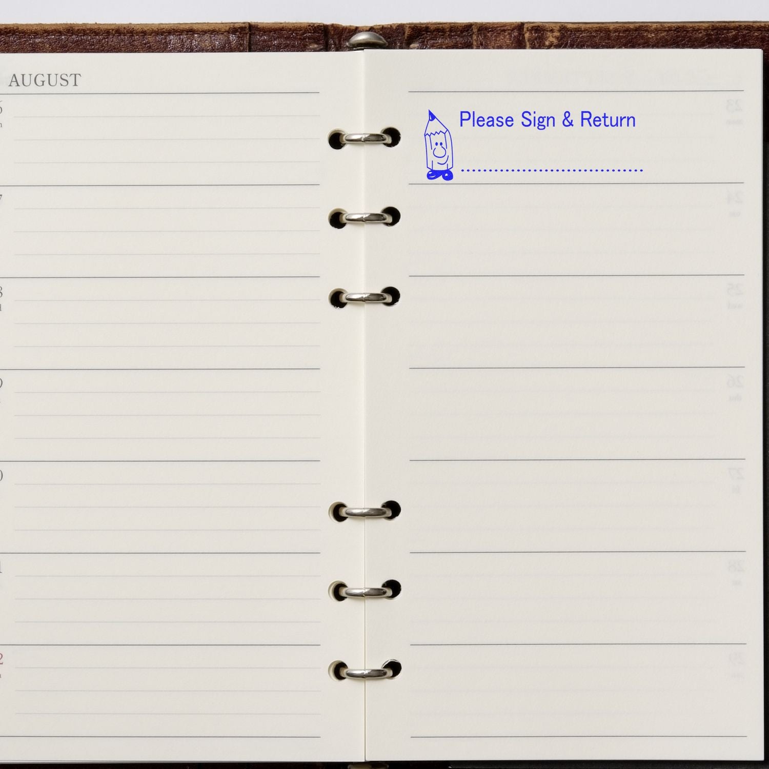 Open planner page with Please Sign & Return message, binder rings visible, for collecting signatures and returned documents.