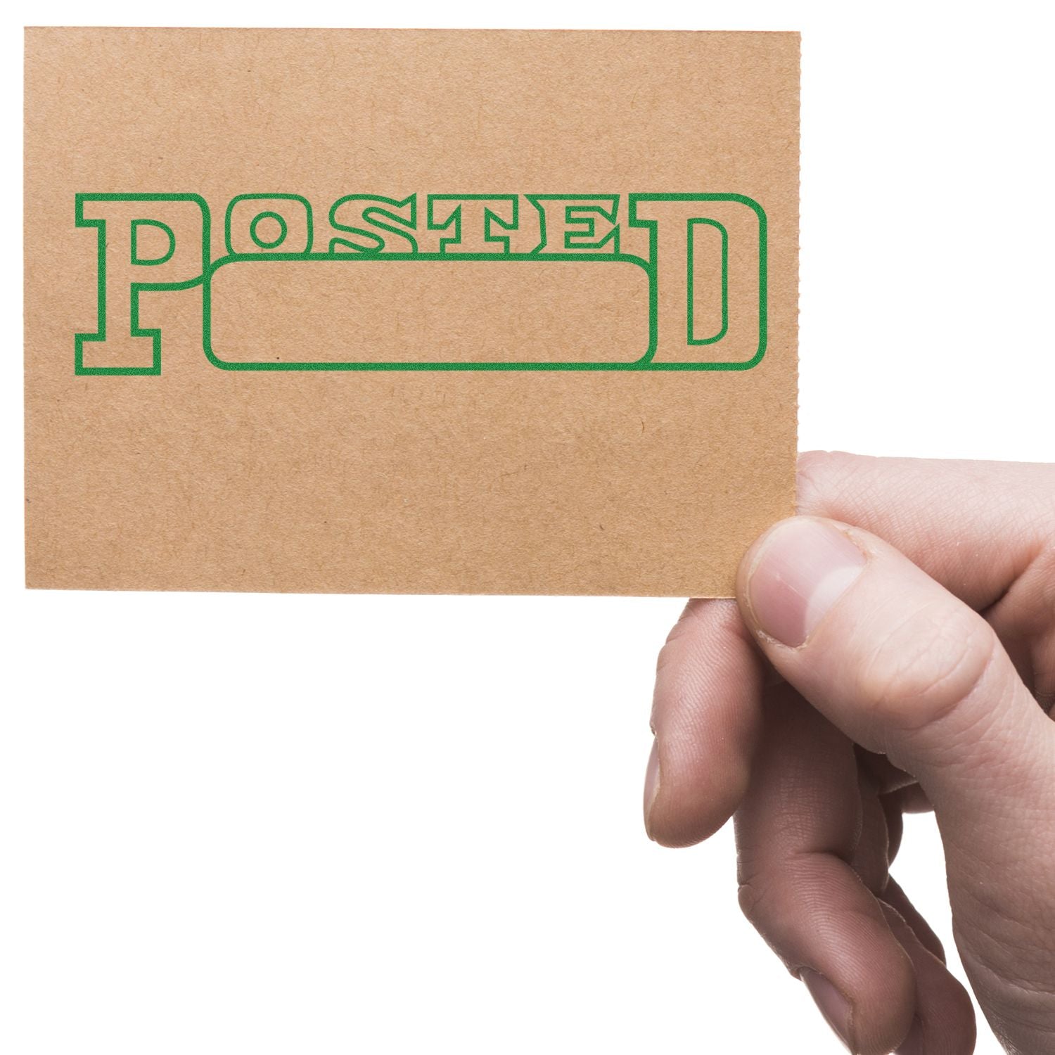 Hand holding kraft paper sign with green outlined letters and blank text area, symbolizing branding and message design.