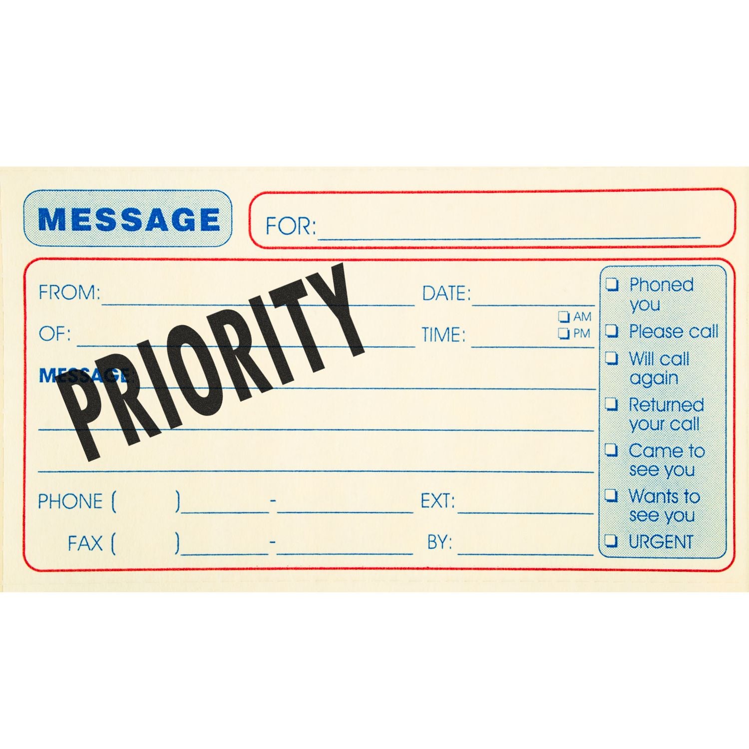 Priority message voicemail form template with Message, From/For, date/time fields and call-back checkbox options for urgent calls