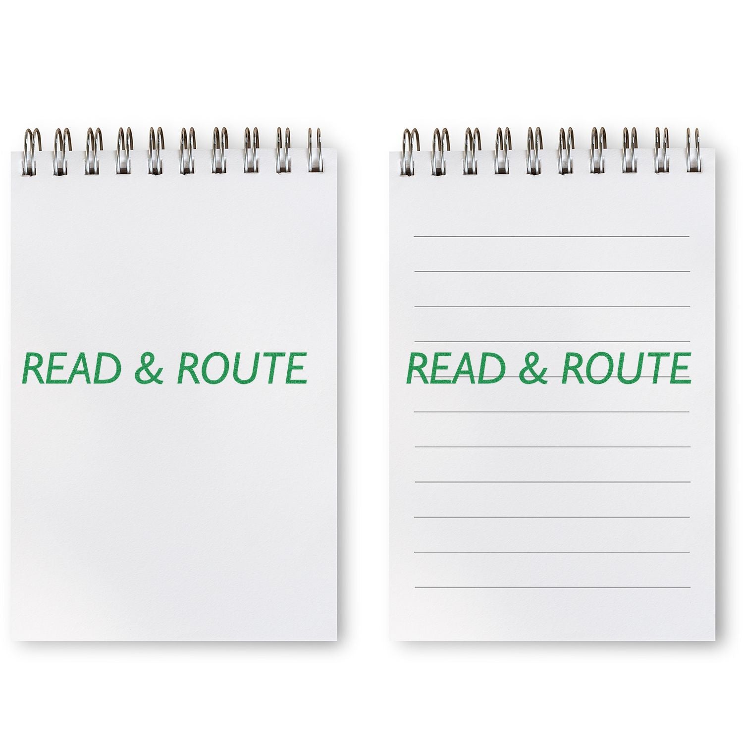 Two spiral notebooks labeled READ & ROUTE, one blank cover and one lined page template for writing notes and directions planning.