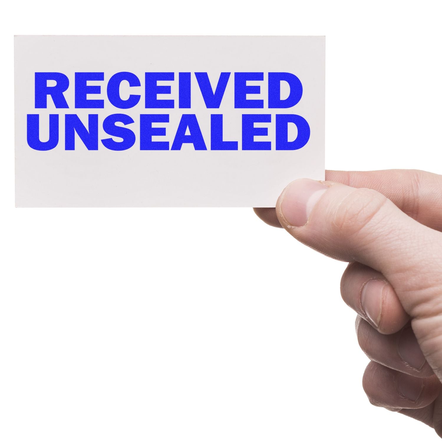 Hand holding a white card with blue RECEIVED UNSEALED text on a clean white background.