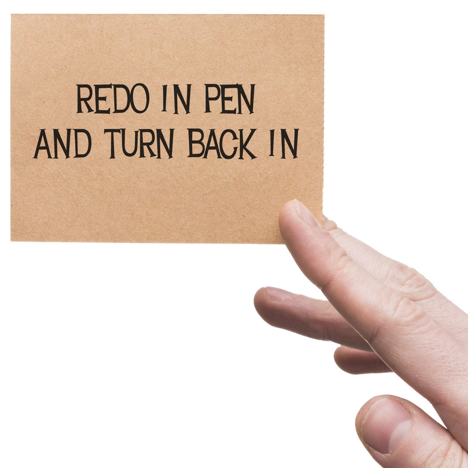 Hand holding brown paper note with Redo in Pen and Turn Back In text, school assignment reminder on white background