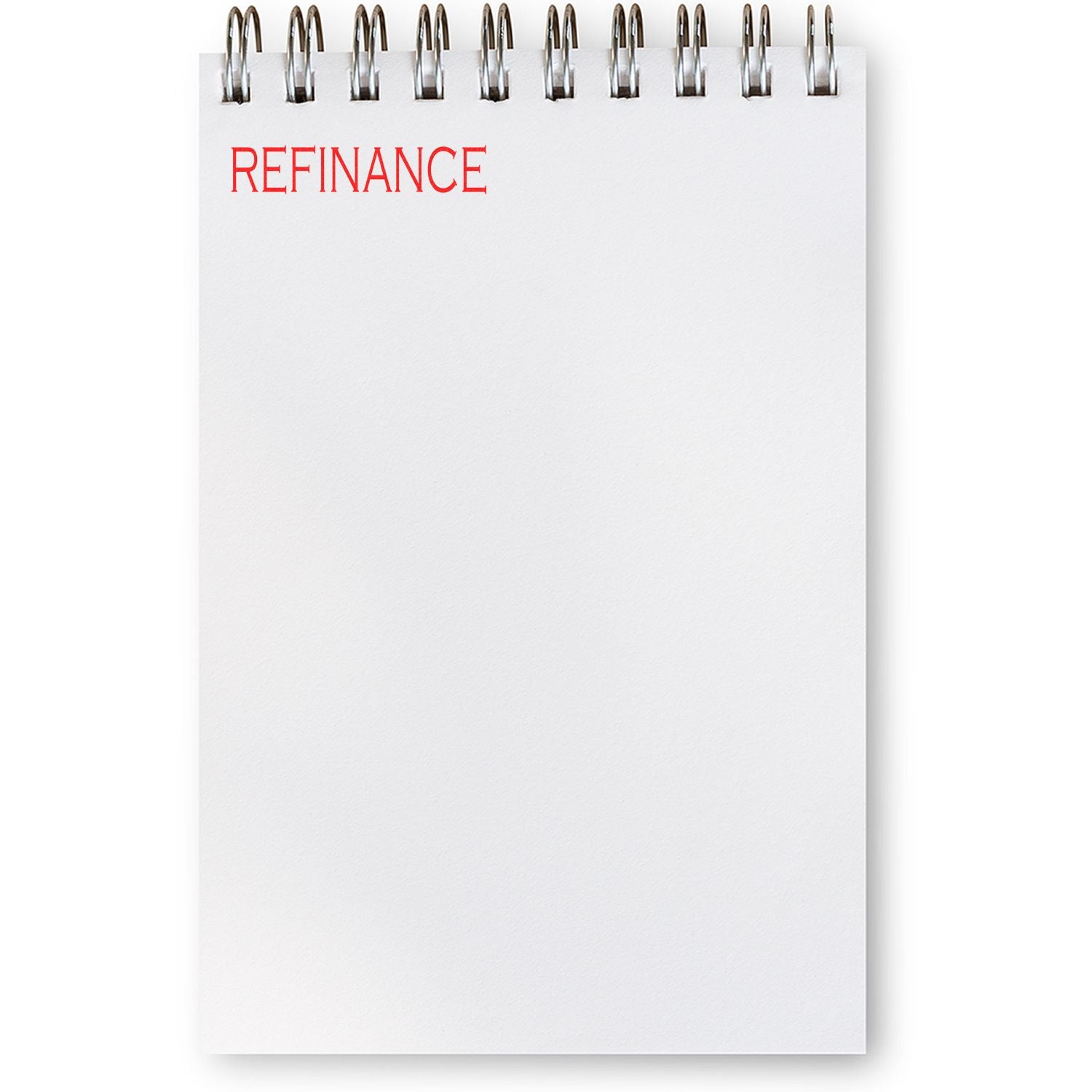 Blank spiral notepad with the word refinance in red, representing mortgage refinance planning and financial concept.