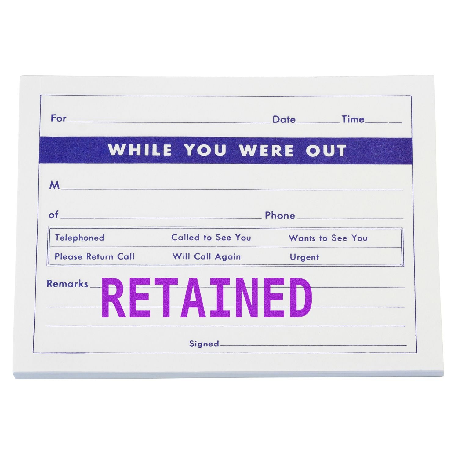 While You Were Out retained message pad with purple office message slip for phone call notes and reminders.