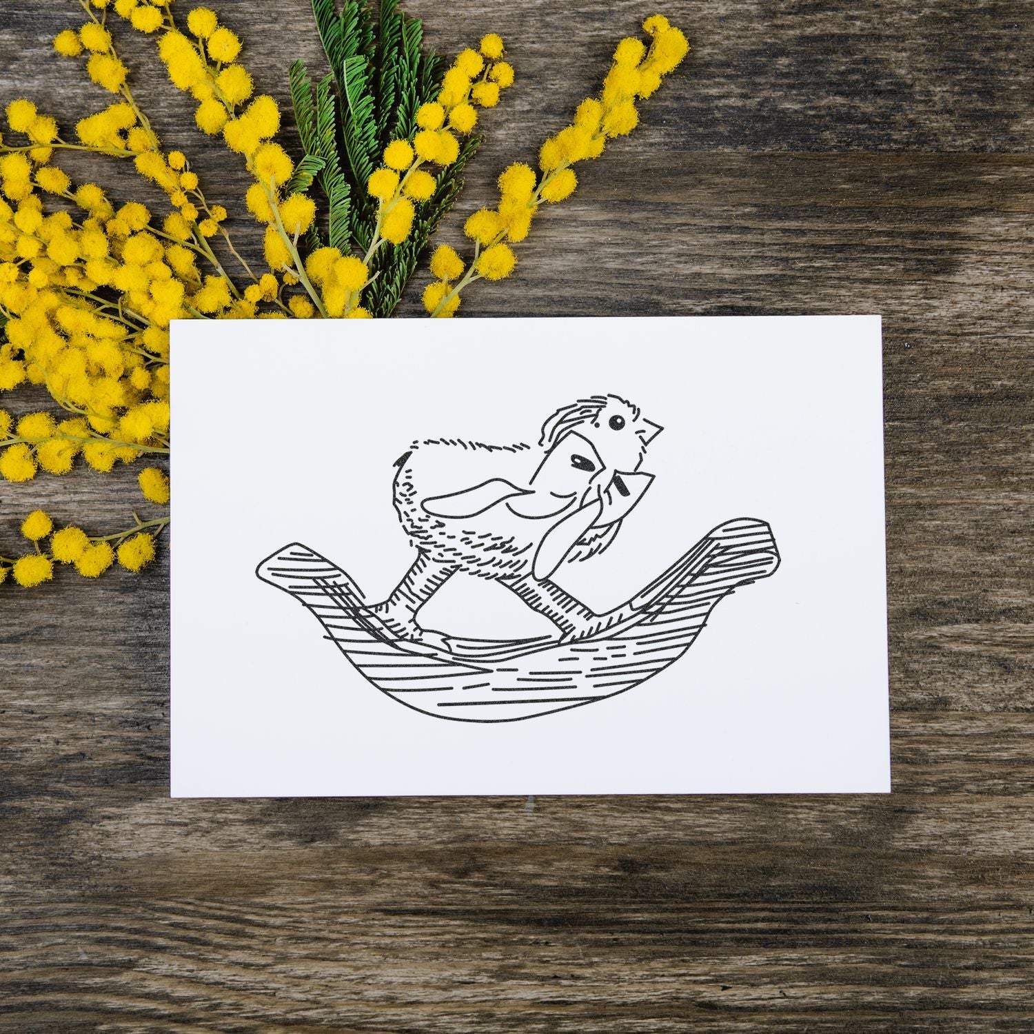 Hand-drawn bird illustration on white card with yellow mimosa flowers on rustic wooden table.