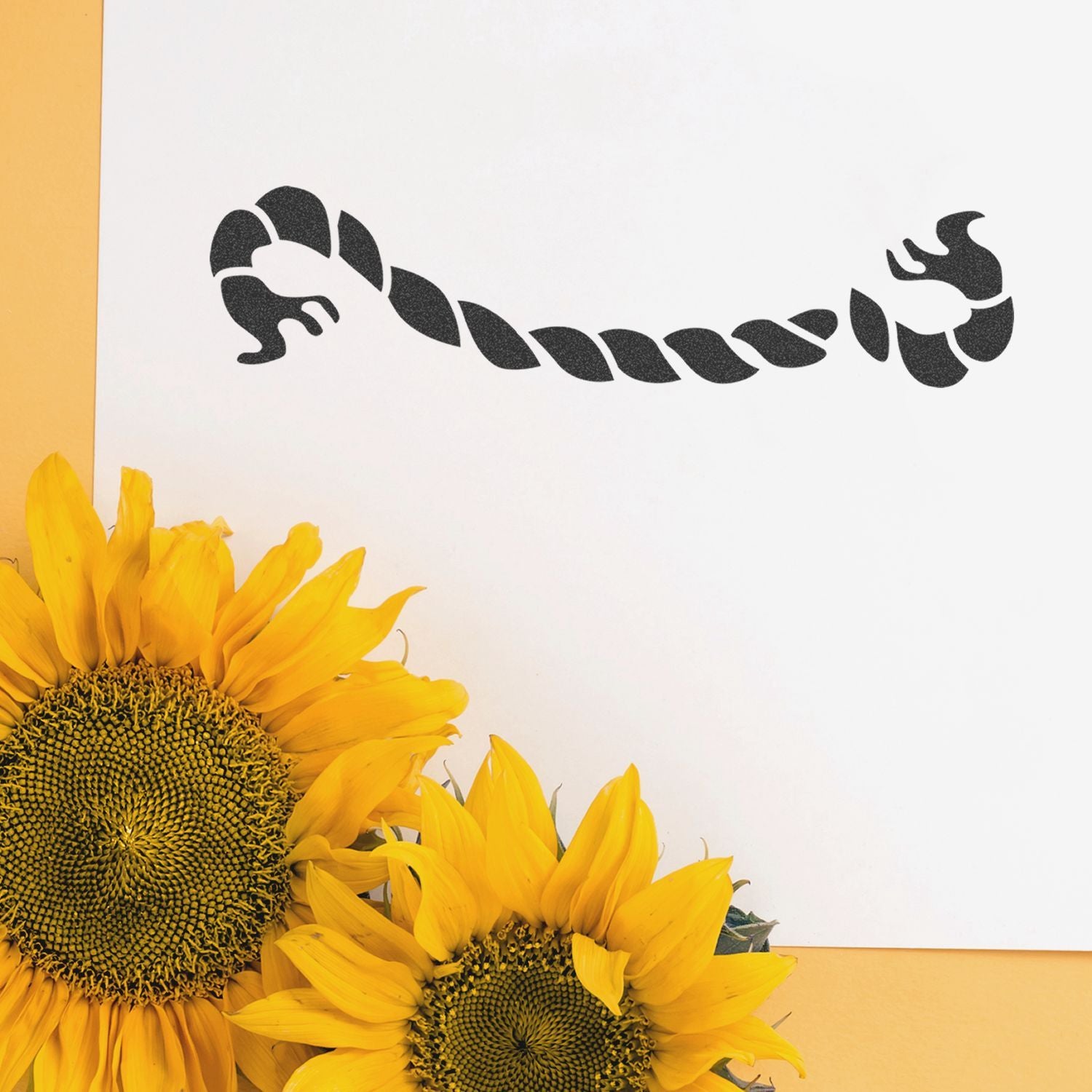 Bright sunflowers with abstract black rope design on a white background, elegant floral flat lay composition.