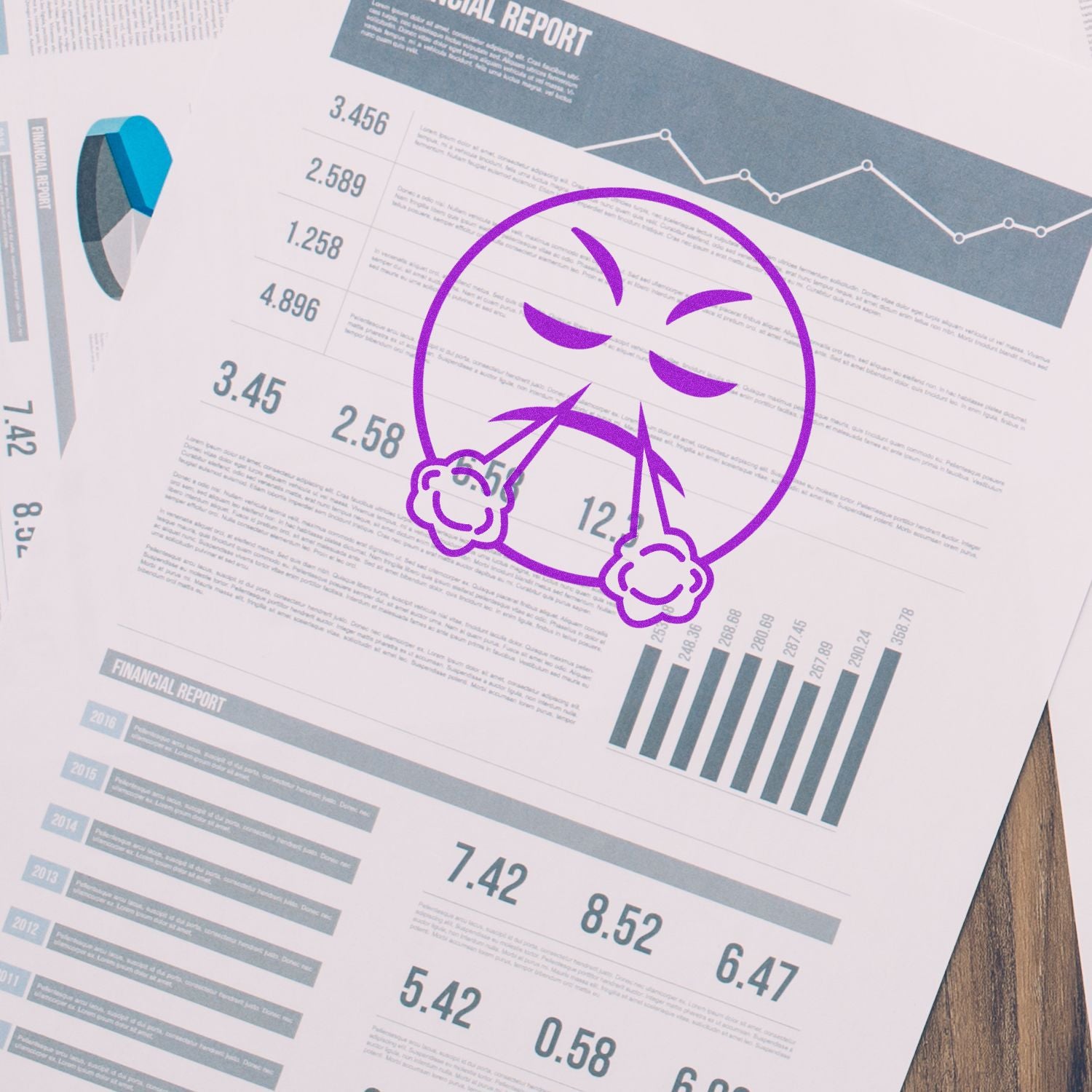 Printed financial report with bar charts, line graph, and a purple sad face illustration.