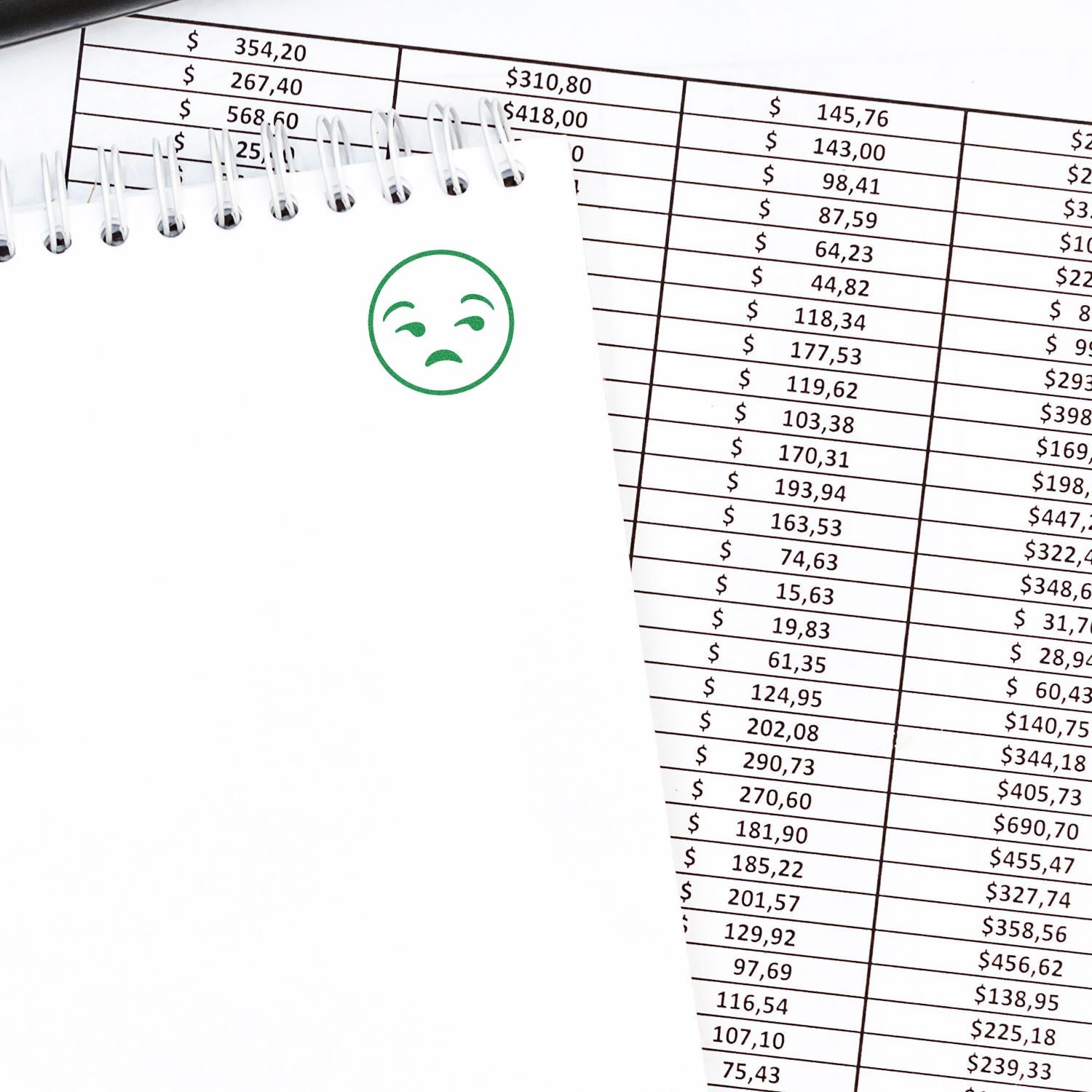 Sad notebook face on financial spreadsheet with dollar amounts, symbolizing budgeting problems, debt, and accounting stress.