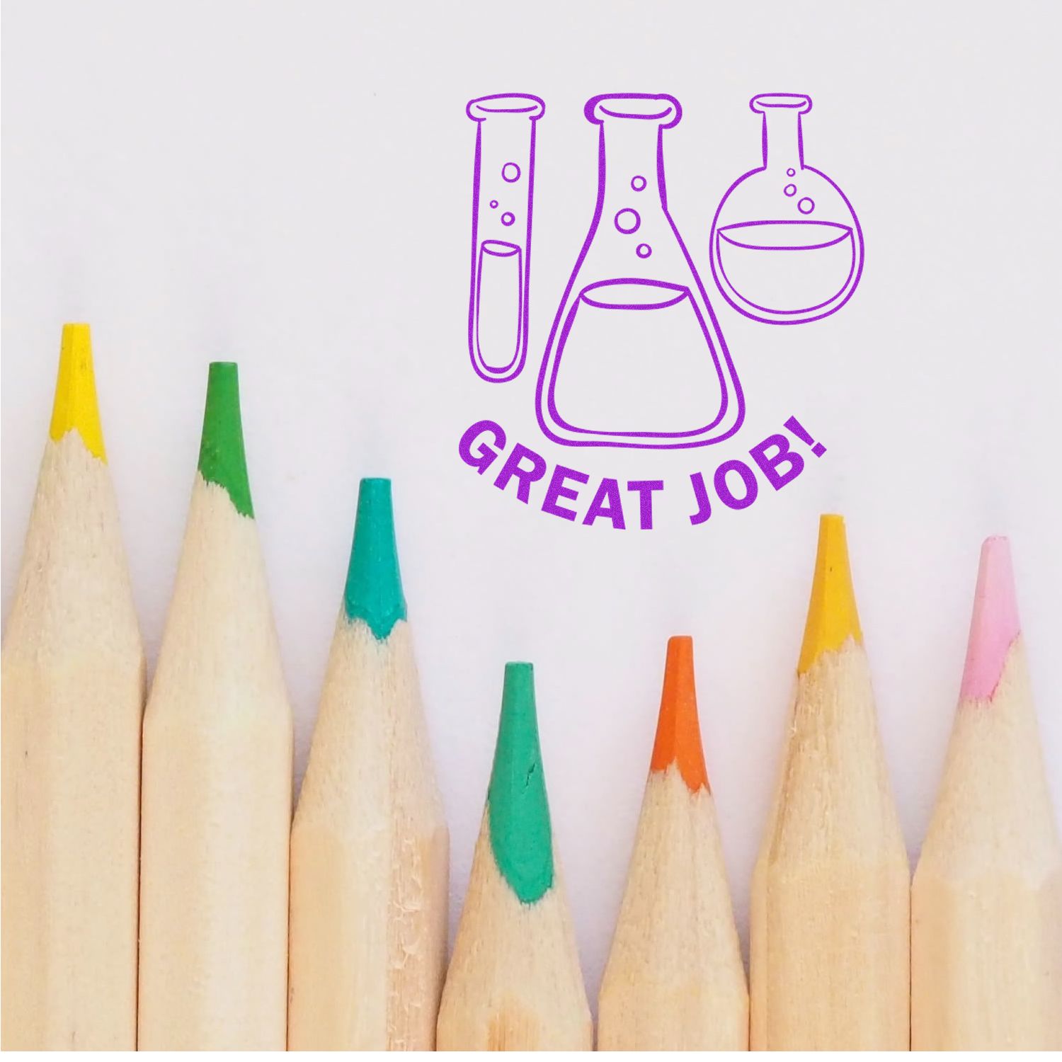 Colored pencil tips with a purple science beaker icon and Great Job! text on a white background.