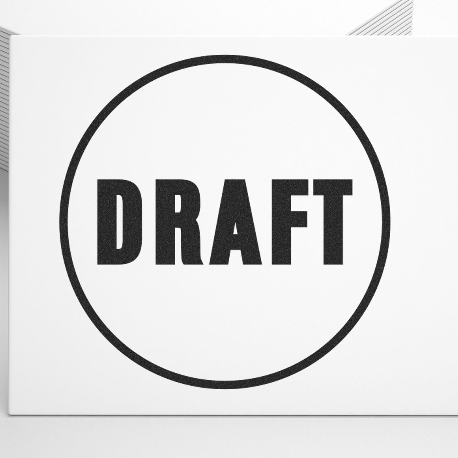 Black DRAFT stamp icon inside a circle on a white background, conceptual editorial design.