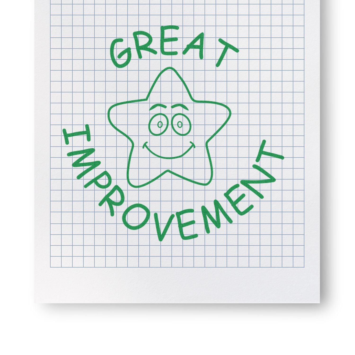 Great Improvement hand-drawn green star smiley on graph paper background