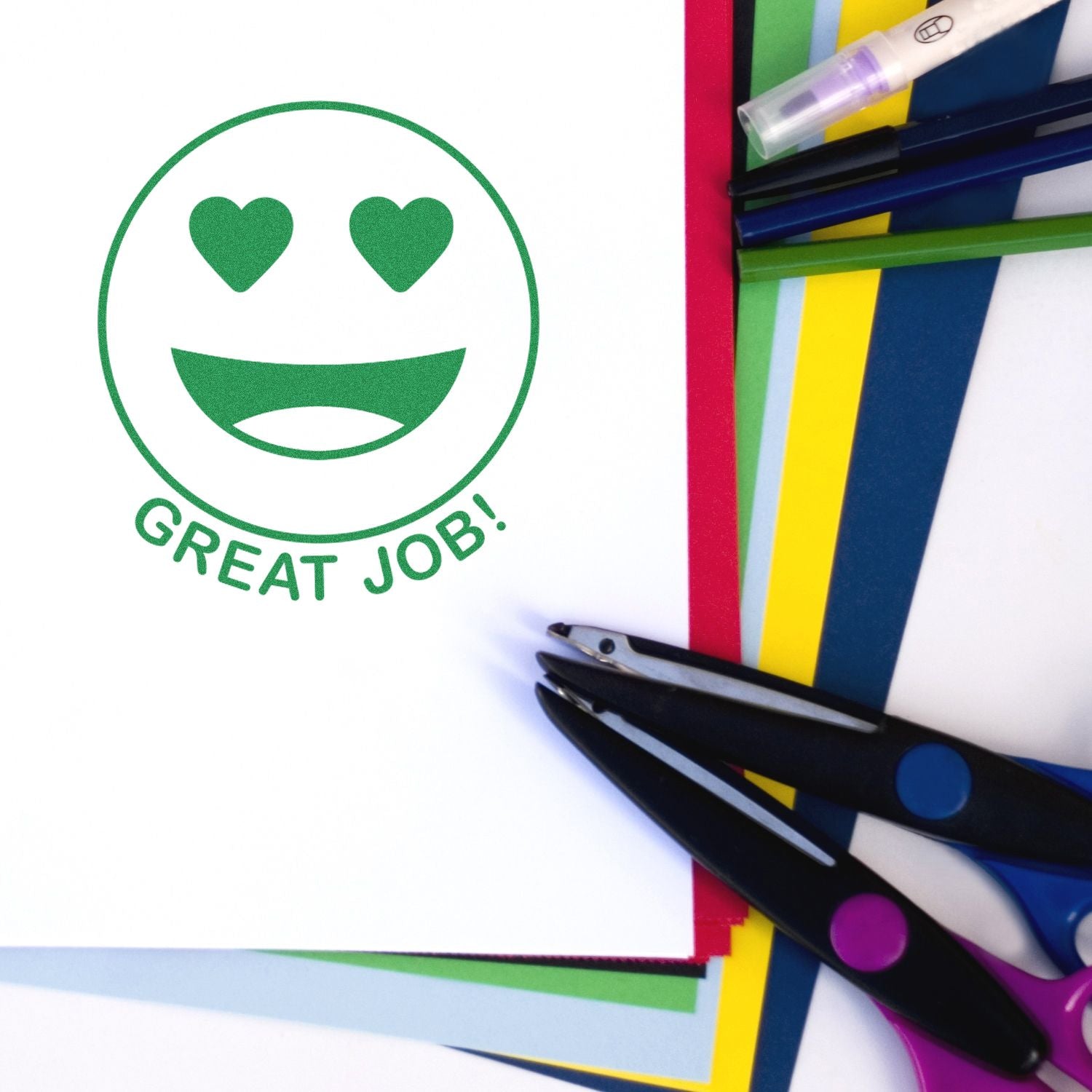 Great job heart-eyes smiley sticker with colorful school supplies, markers, and scissors on a white background.