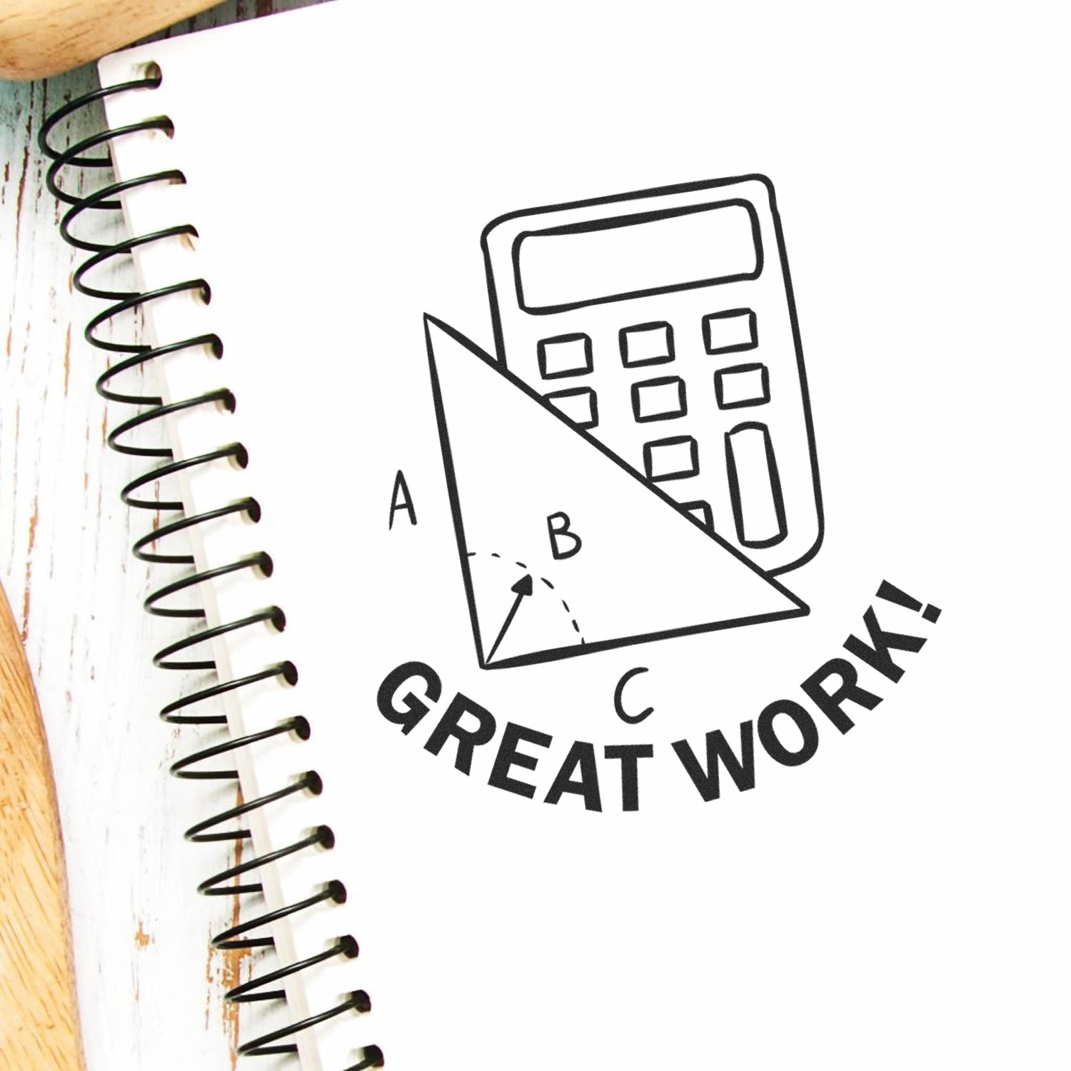 Spiral notebook with math calculator doodle and Great Work! text, perfect for education and school recognition.