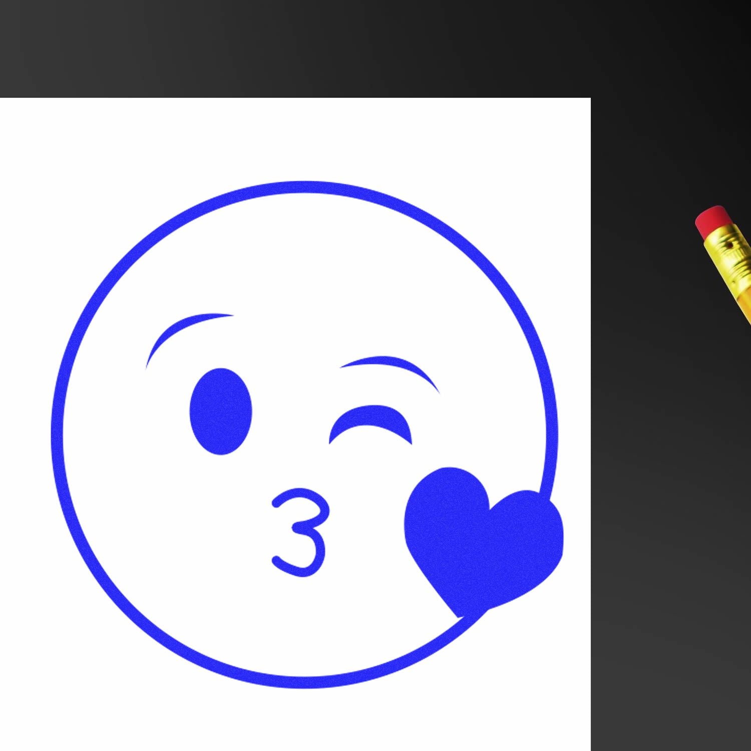 Blue winking kiss emoji drawing with heart on white paper, sketched with a pencil on a dark background.