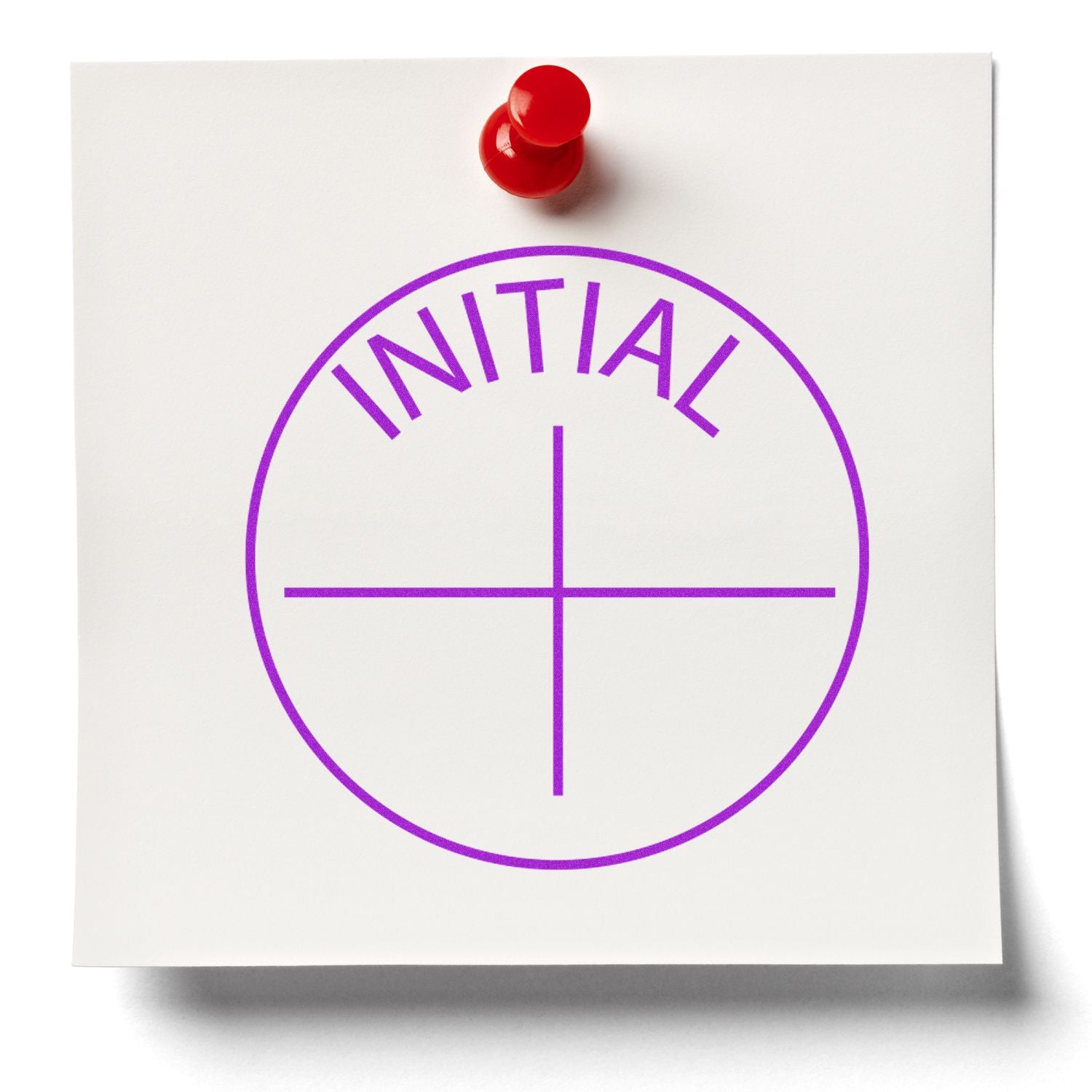 White note with purple INITIAL logo and cross symbol pinned with a red pushpin on a clean background.