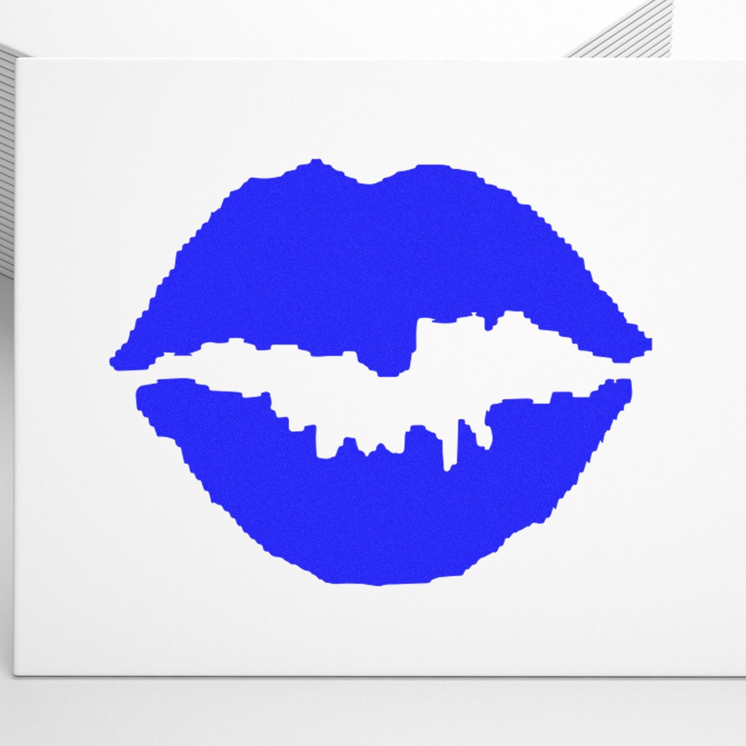 Abstract blue lips graphic on a white background, modern minimalist art print
