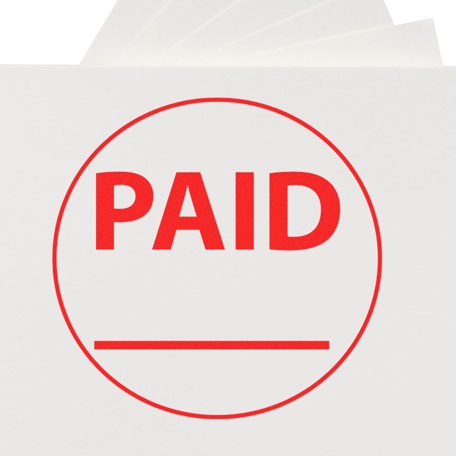 White paper bag with bold red PAID stamp logo in a circle, payment confirmation icon.