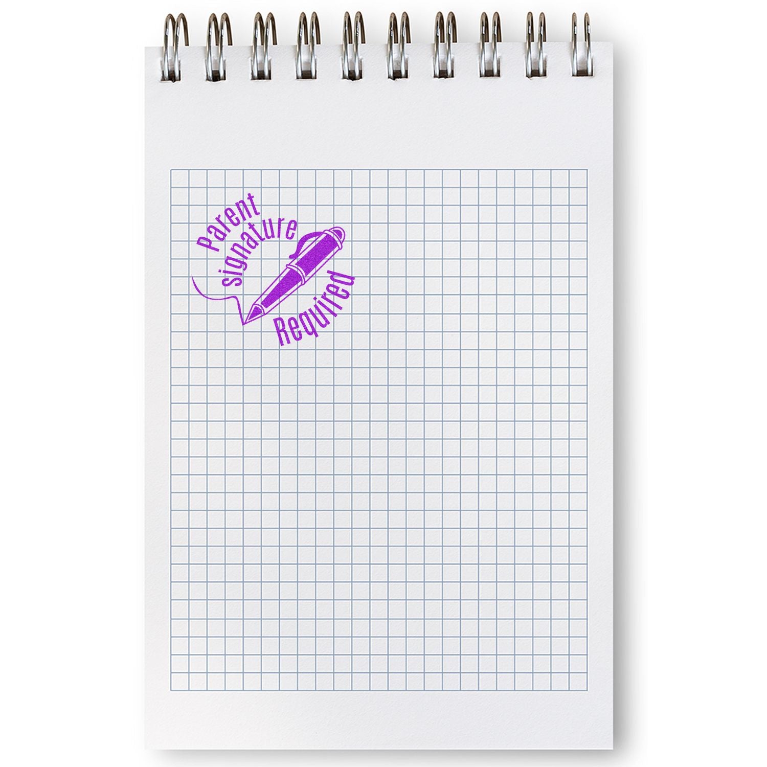 Spiral notebook page with Parent Signature Required stamp on graph paper, school permission form concept