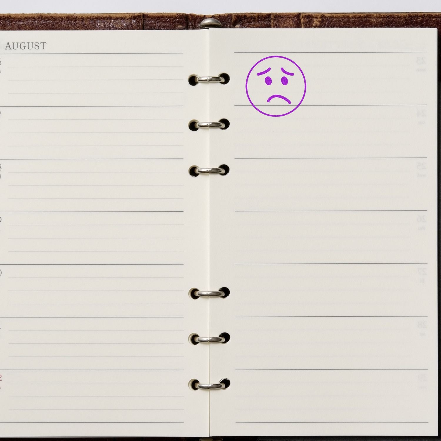 Open August planner notebook with blank pages and a sad emoji doodle in a ring-bound diary.