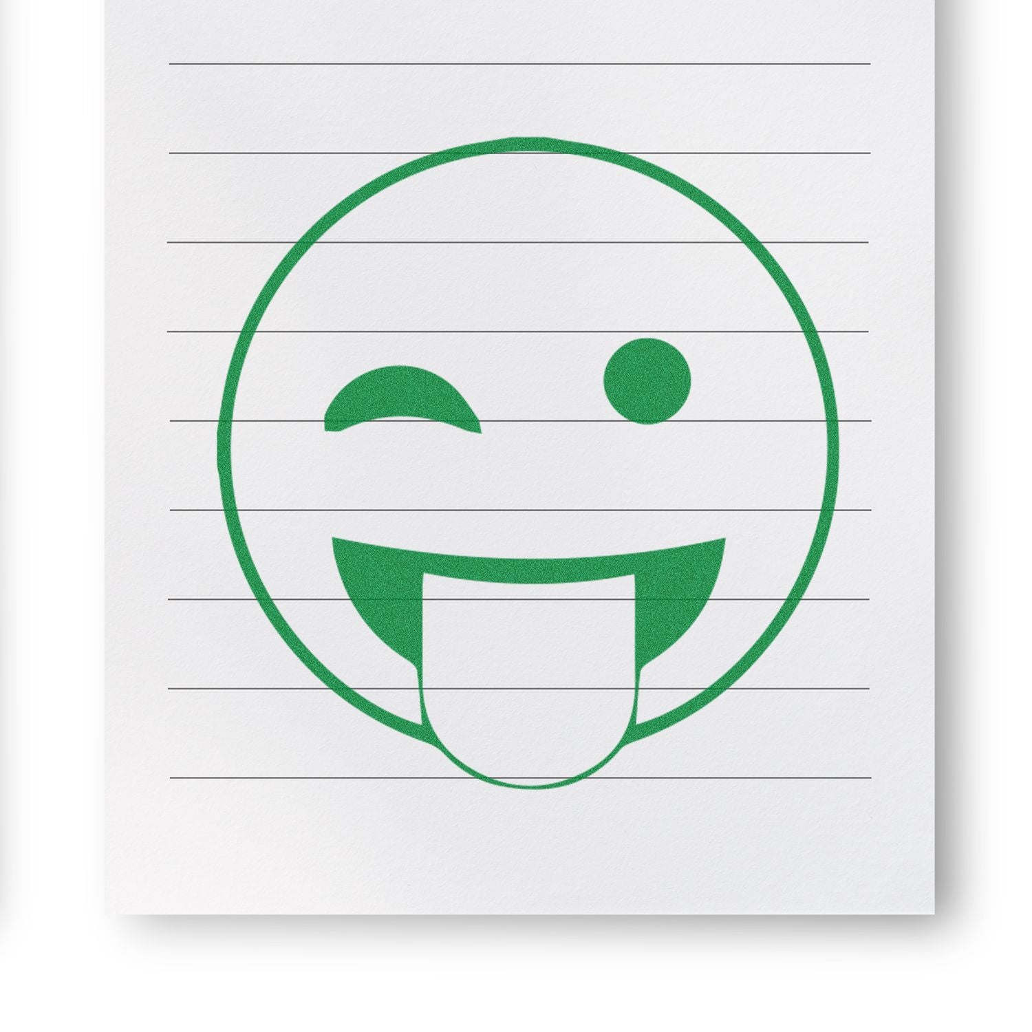 Green winking tongue-out emoji icon on lined paper background, simple playful smiley face illustration.