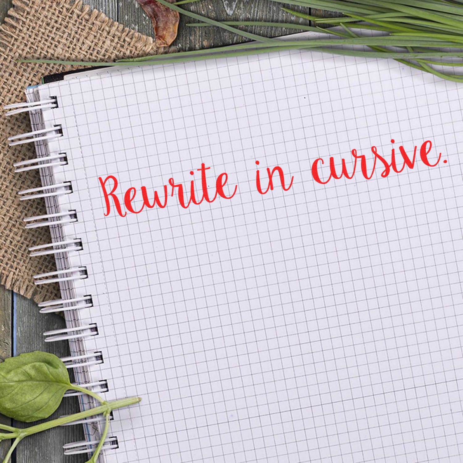 Spiral notebook with Rewrite in cursive text on graph paper, styled with green leaves and rustic desk decor.