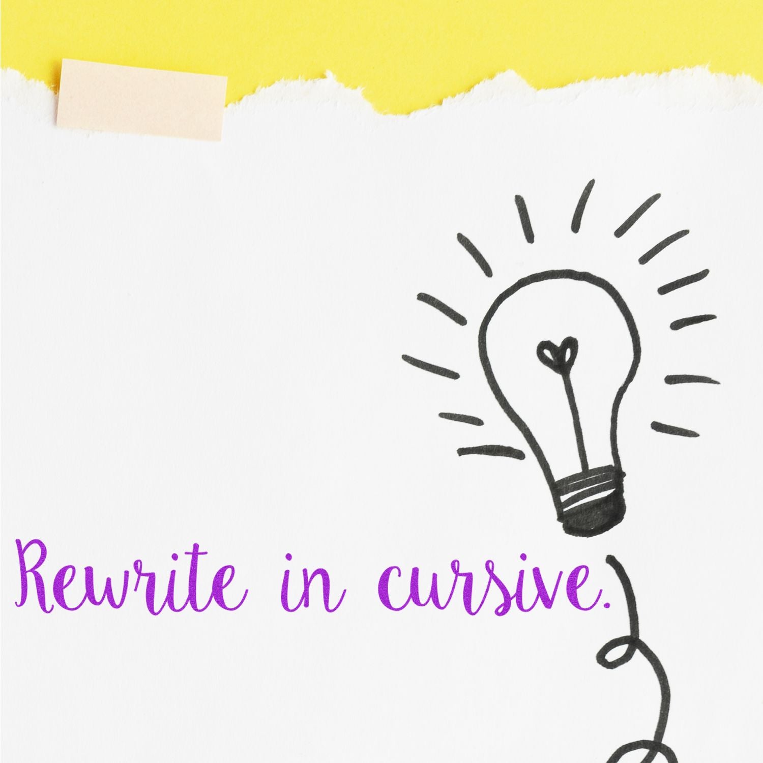 Hand-drawn light bulb illustration with Rewrite in cursive text on white paper background with yellow torn-edge top border.