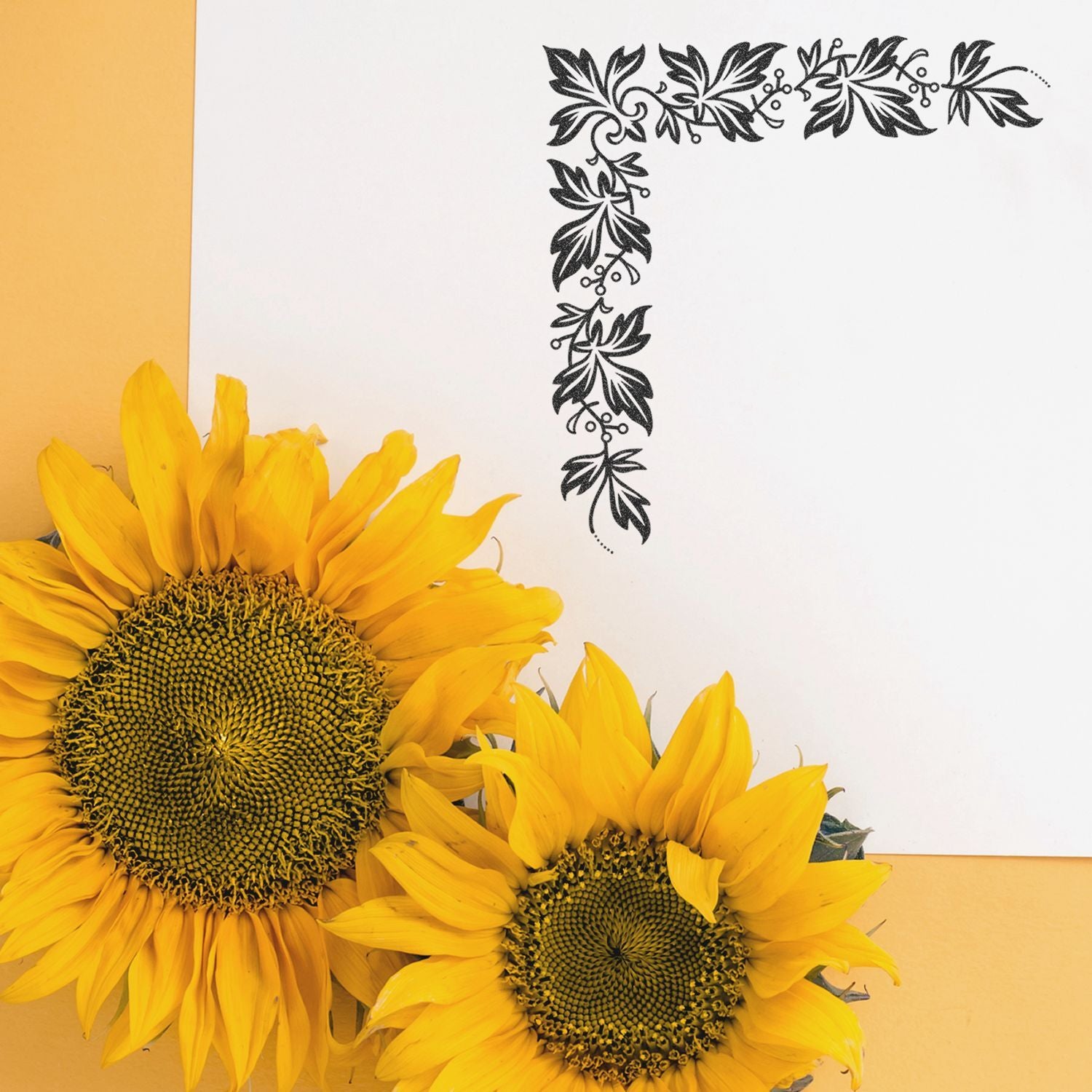 Two bright yellow sunflowers with a decorative black leafy corner design on a white and yellow background.